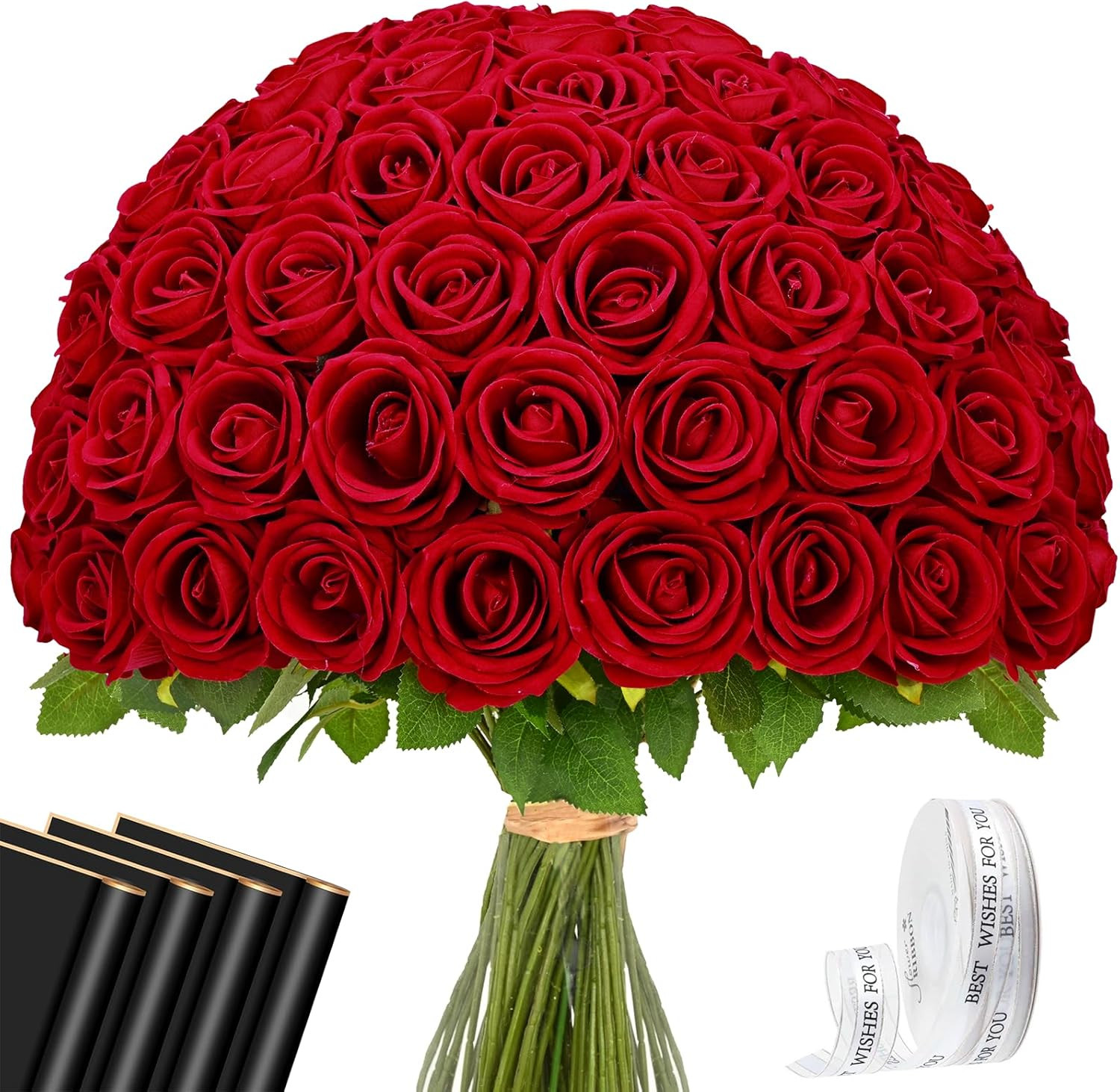Red Roses Artificial Flowers Bulk, Real Touch Velvet Roses with Wrapping Paper,