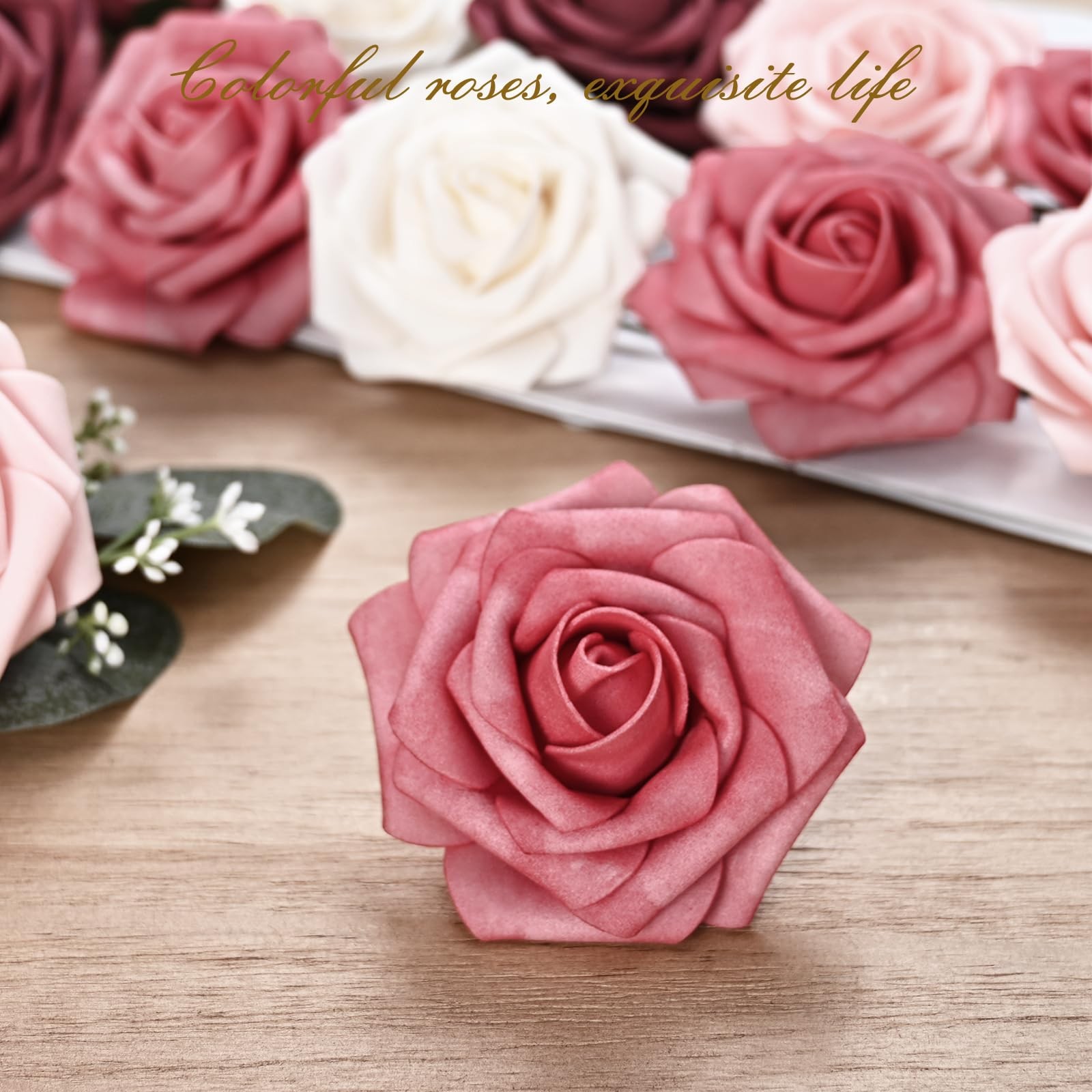 36Pcs Artificial Flowers Fake Roses with Stems, Gradient Burgundy Boxed Foam …