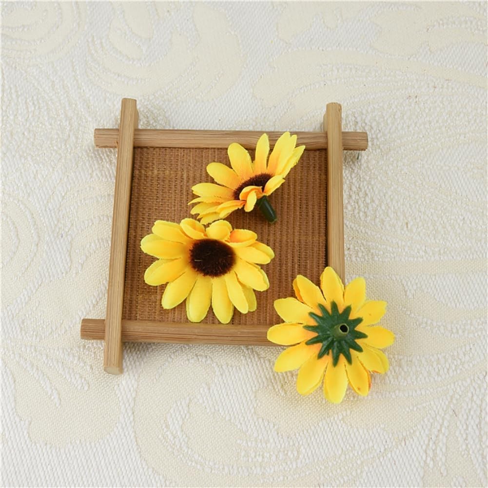 100 Pcs Yellow Artificial Flower Heads Mini Fake Sunflower Fabric Craft Decor