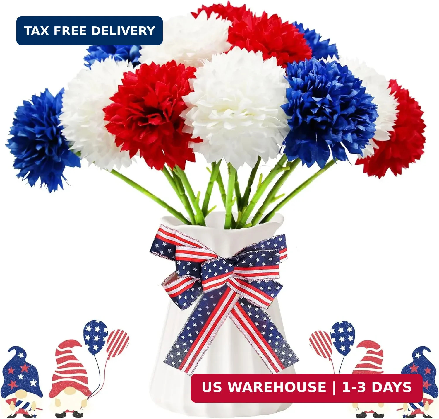 Tinsow 12 pcs Artificial Flower Patriotic Memorial Bouquet Red White and Blue Fa
