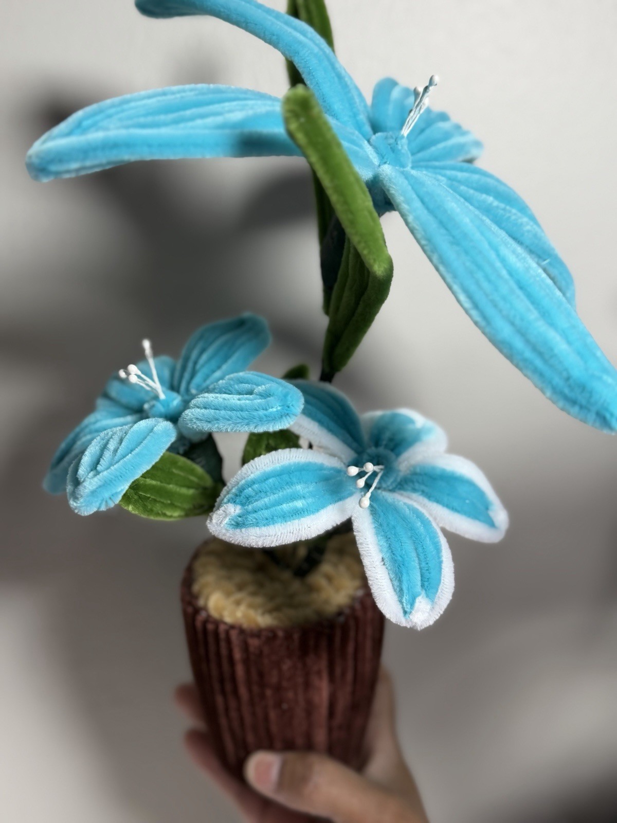 Artificial Blue Lily Flower Arrangement in Brown Pot Silk Plastic Centerpiece