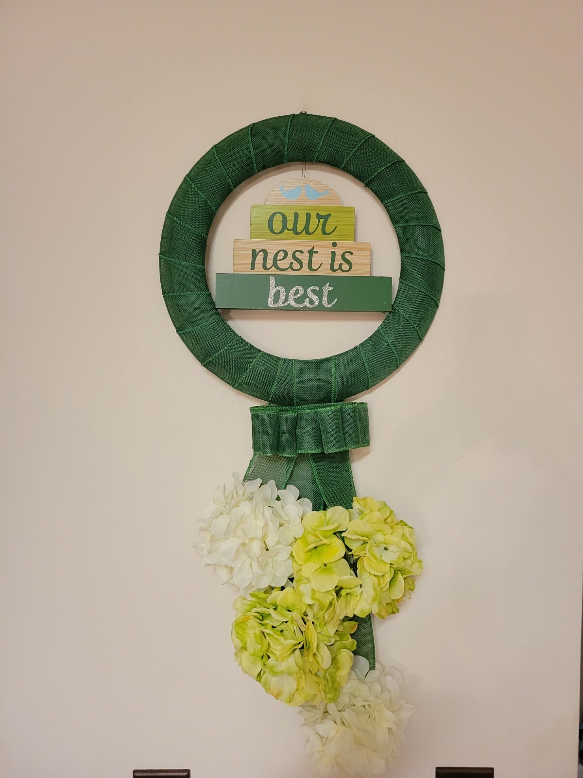 OUR NEST IS THE BEST wreat WHITE GREEN Hydrangeas burlap Decor Front Door SUMMER
