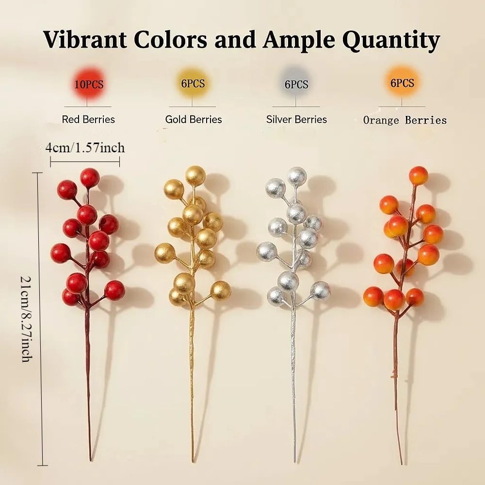 28 Pcs Christmas Artificial Berry Stems Branches, Reusable Colorful Berries B…