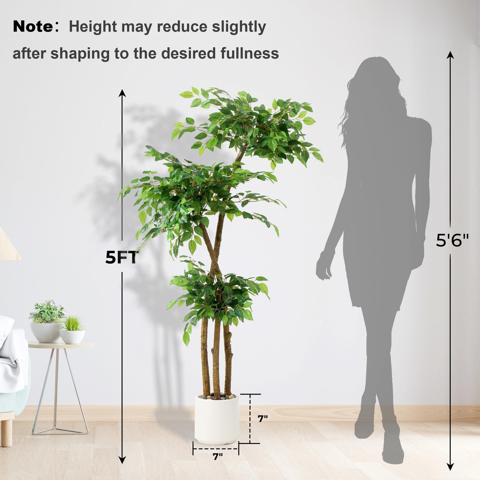 5FT Artificial Ficus Tree with White Planter and Pebbles,Faux Silk Tree with …