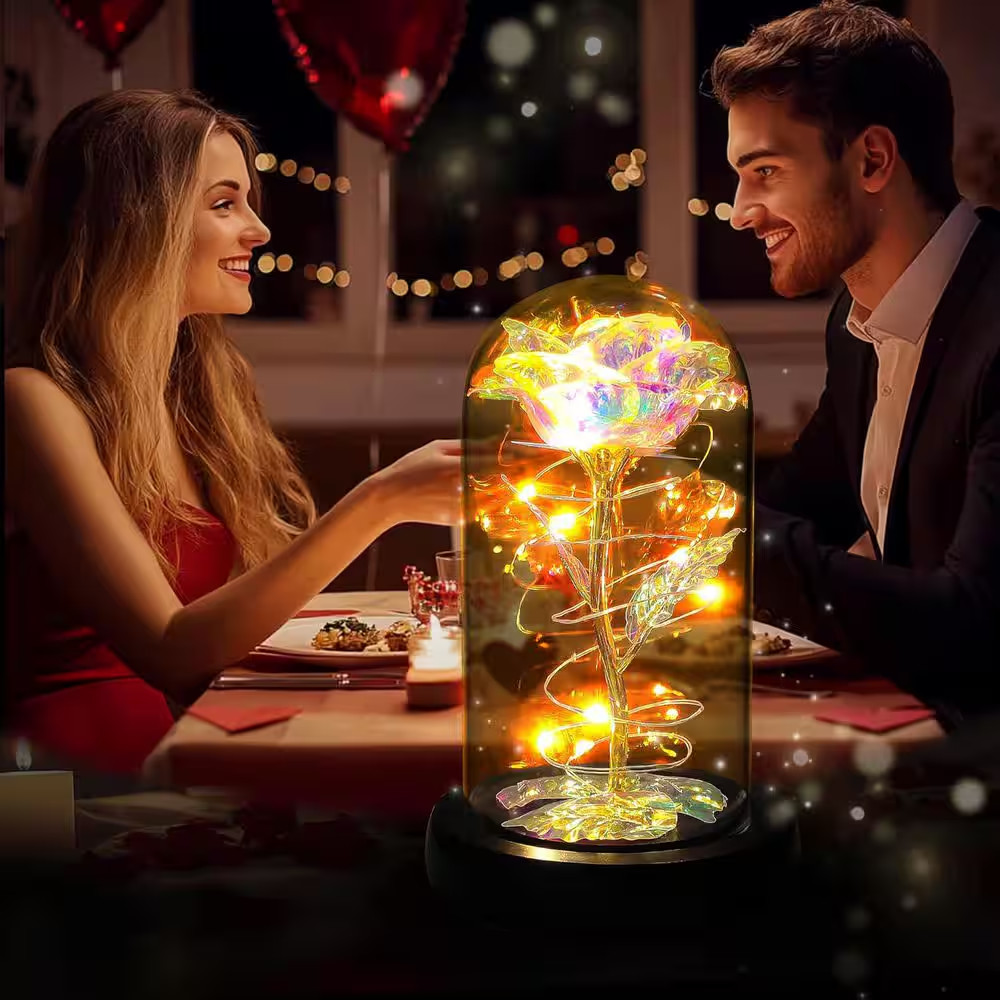 6.1 In. H Colorful Artificial Rose in Glass Dome with LED Lighting for Women