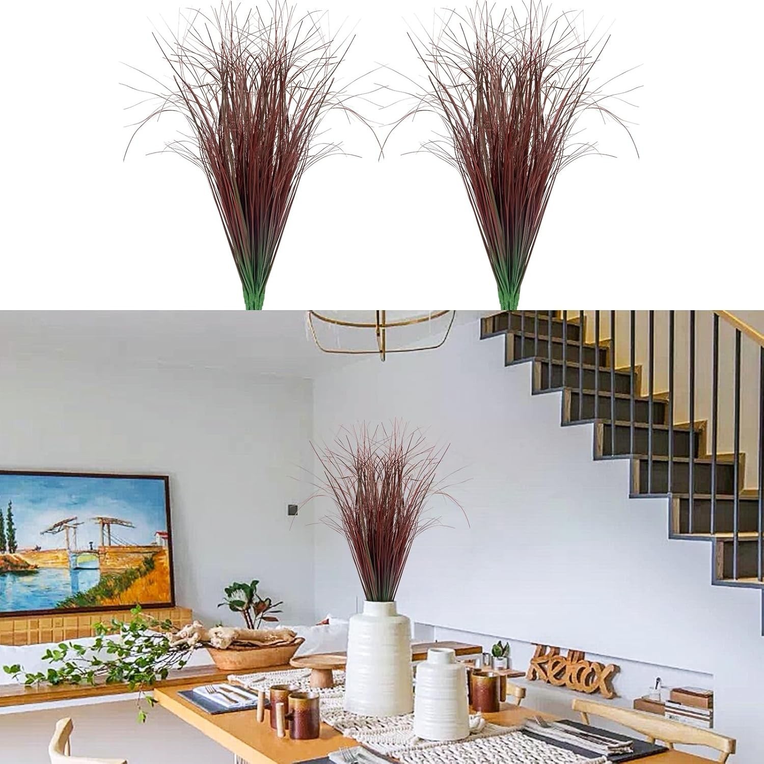 8 Bundles Artificial Grass Plants Outdoor Tall Faux Shrubs Greenery Stems Fak…