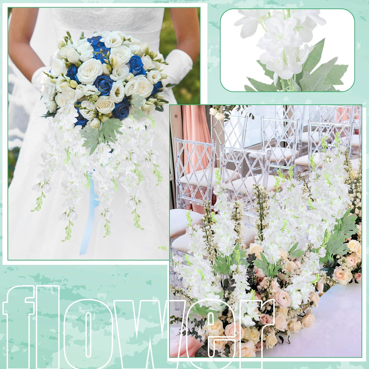 50 Pcs White Delphinium Faux Silk Flowers for Wedding & Home Decor