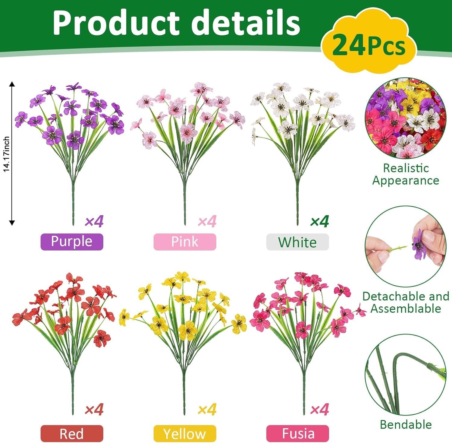 24 Bundles Artificial Flowers for Outdoors, Fake Silk Flowers UV Resistant Faux