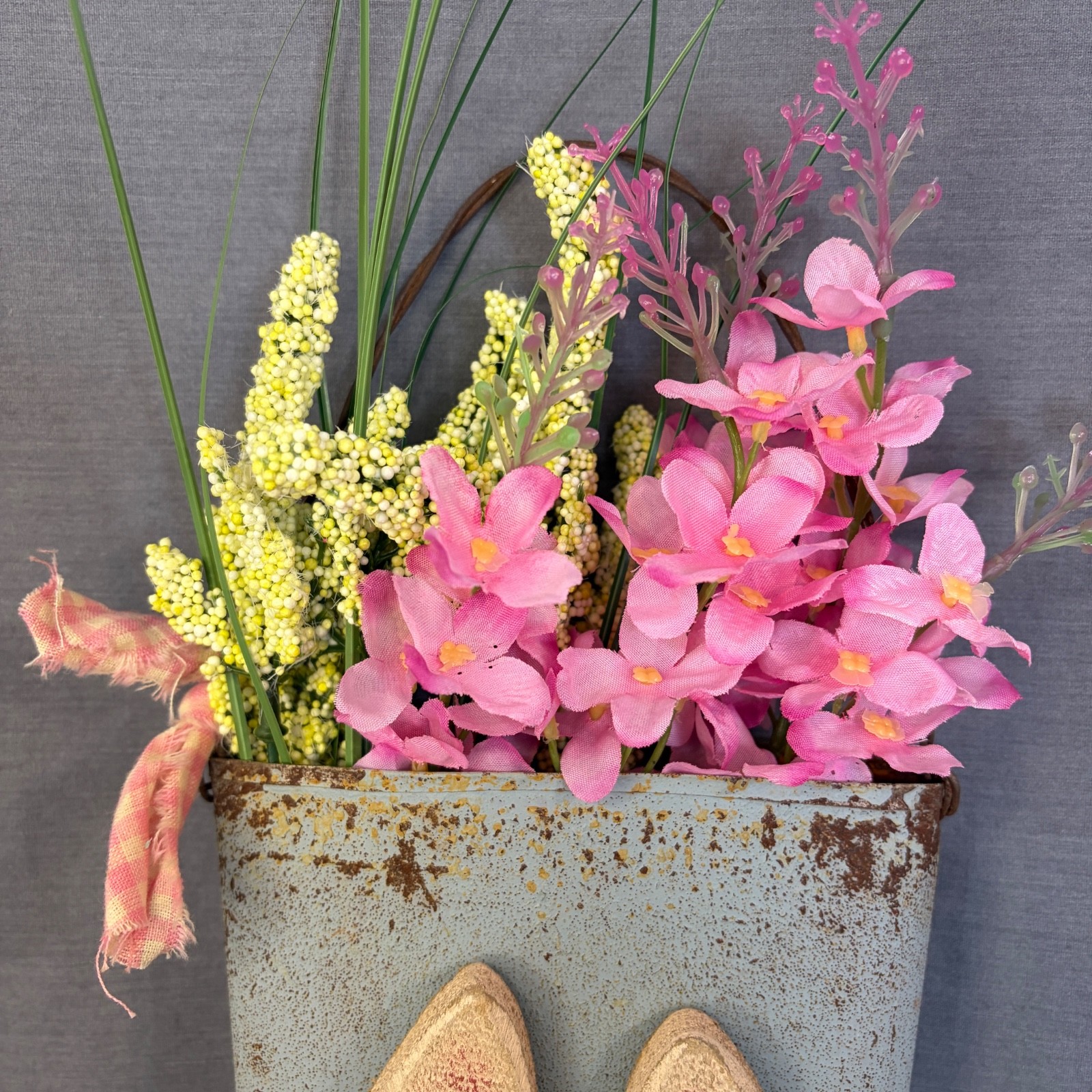 Bunny Rabbit Distressed Wood & Metal Wall Pocket Hanging Planter Spring Flowers