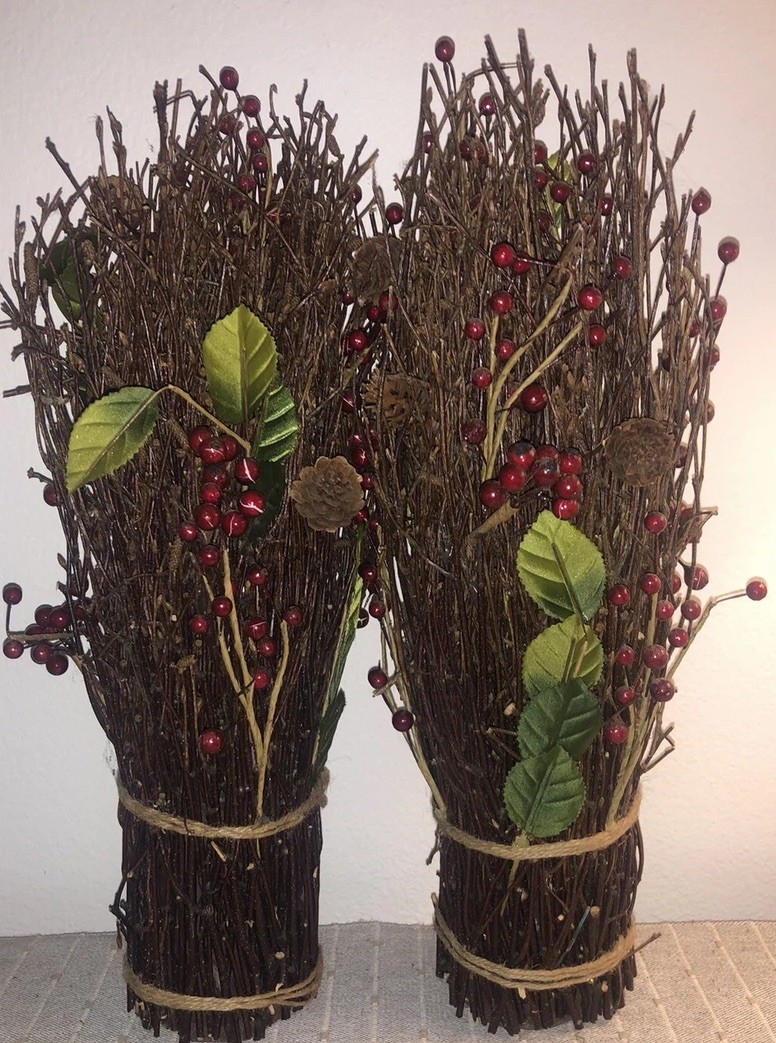 Birch Twigs Red Berries Bundles Free Standing Winter Rustic Primitive Home Decor