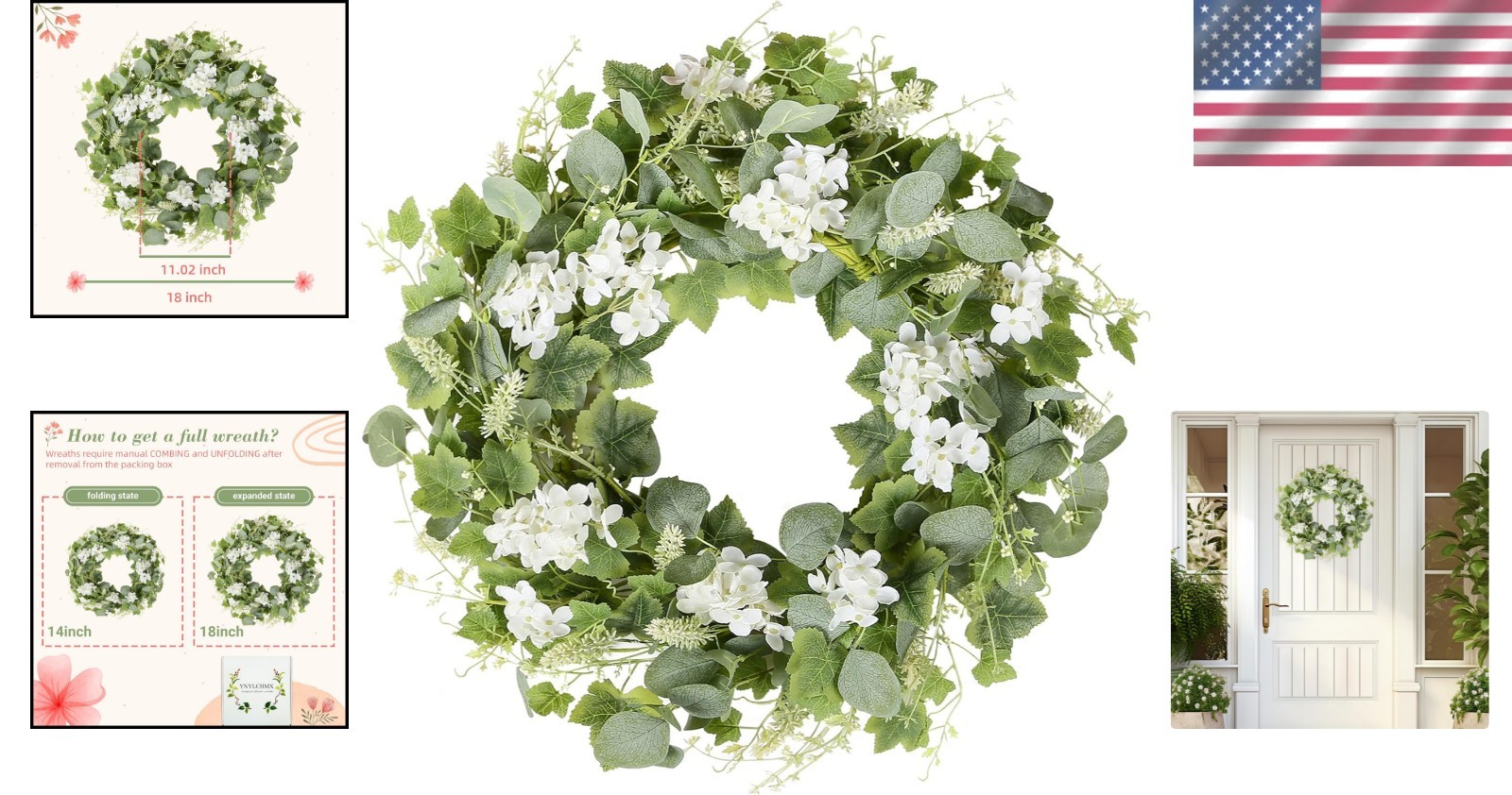 18-Inch Artificial Spring Summer Wreath with Eucalyptus and White Flowers