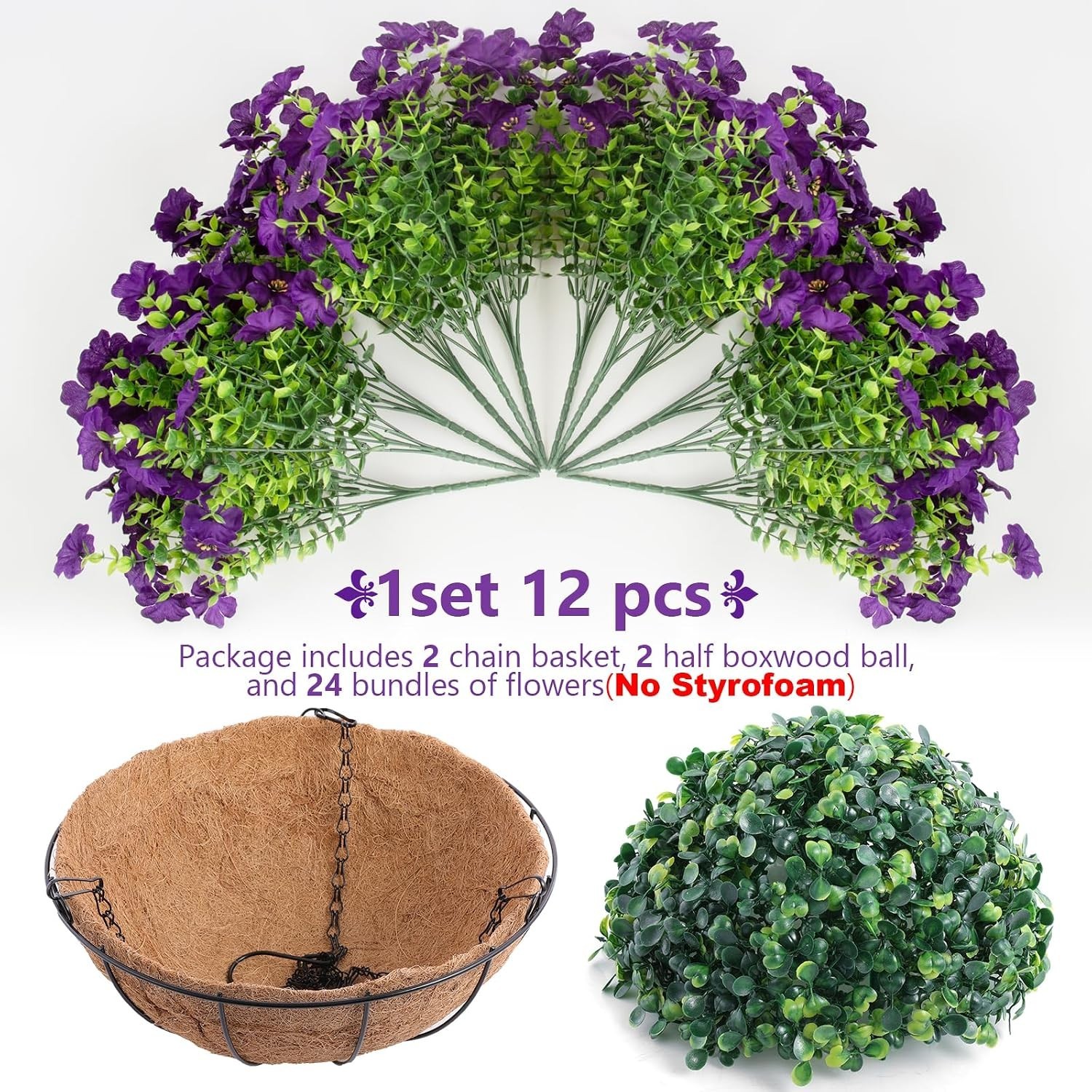 Vibrant Purple Artificial Outdoor Flower Baskets – Low Maintenance -Round Decor