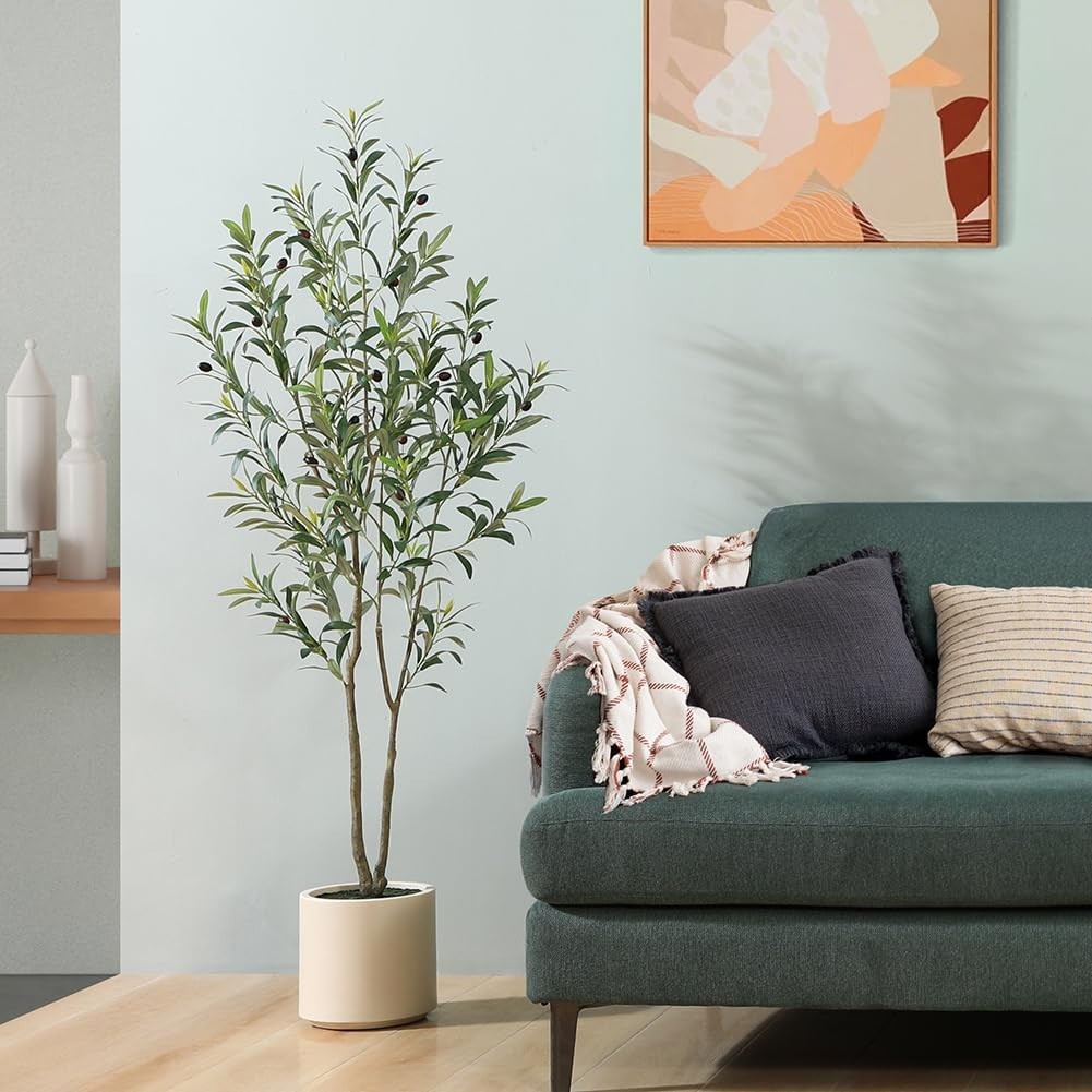 5ft Artificial Olive Tree – Faux Silk Plant with White Planter for Home Decor, G