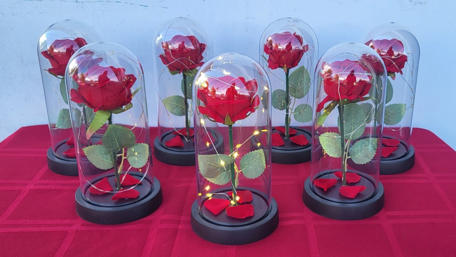 Lot of 6 Artifical Forever Red Roses with LED Fairy Lights In Clear Display Dome