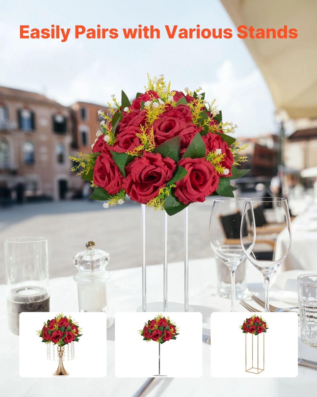Flower Balls Arrangement Bouquet 10 PCS, 9.5-Inch Wedding Red Roses Centerpieces
