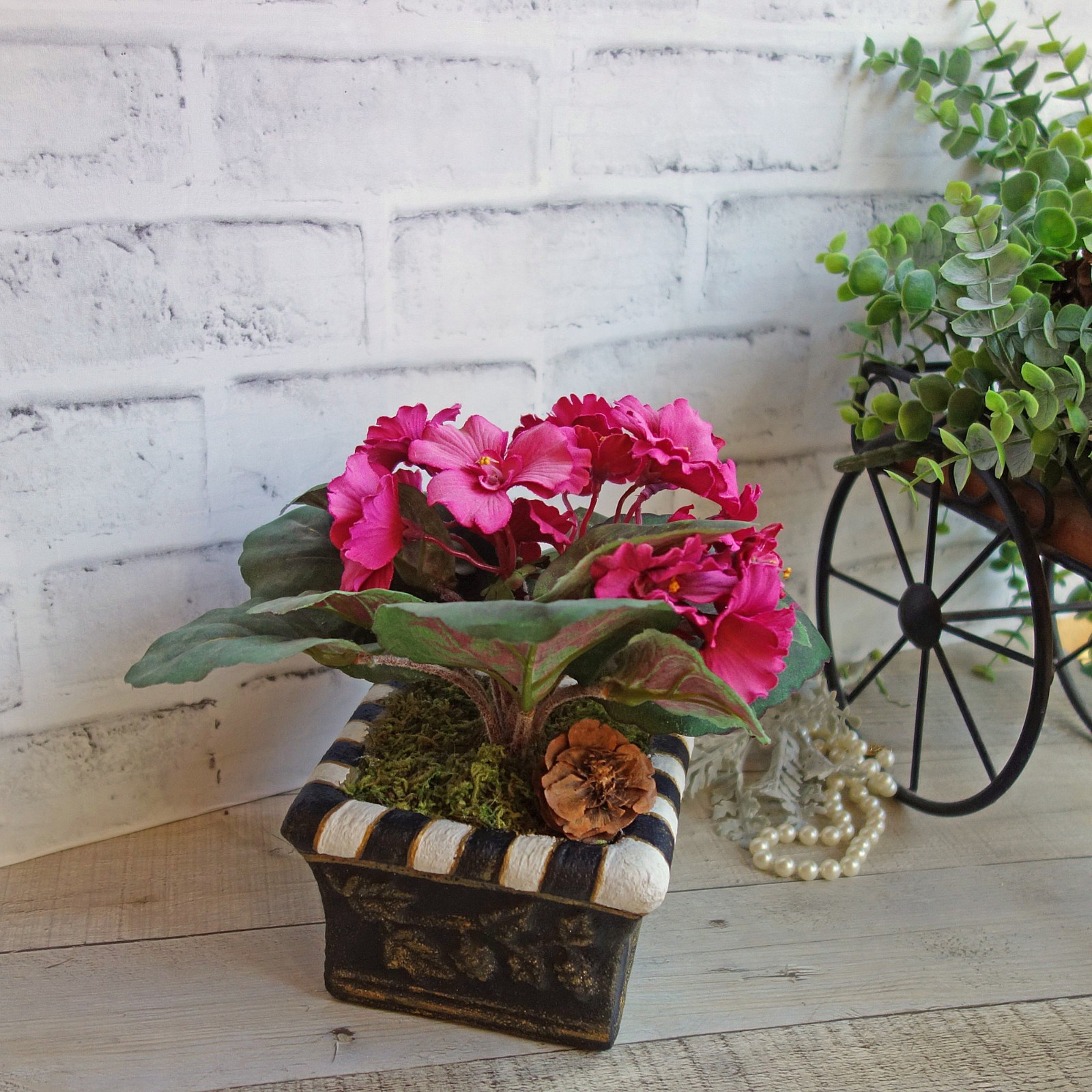 Black White Checked Flower Pot Floral Arrangement Checked Urn Checked Planter