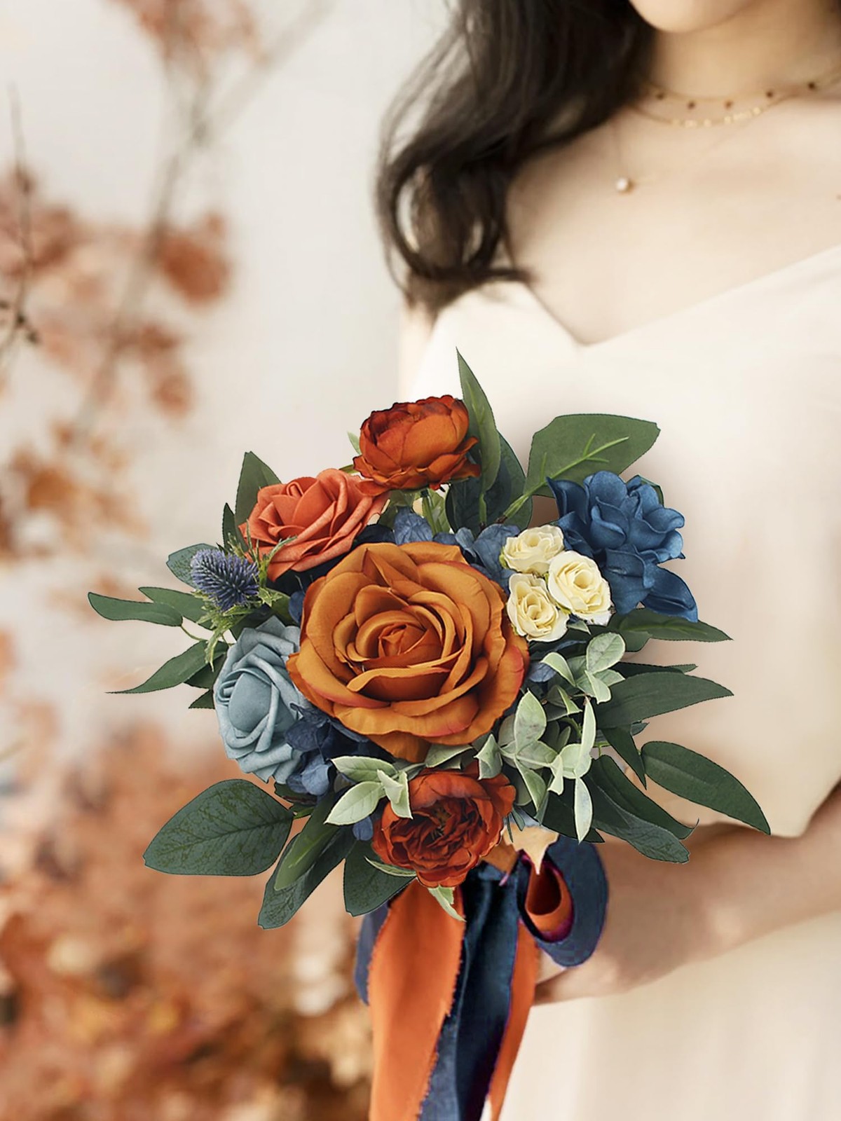 1PC Fall Wedding Bouquet Terracotta Navy Blue Artificial Bridesmaid Bridal Decor