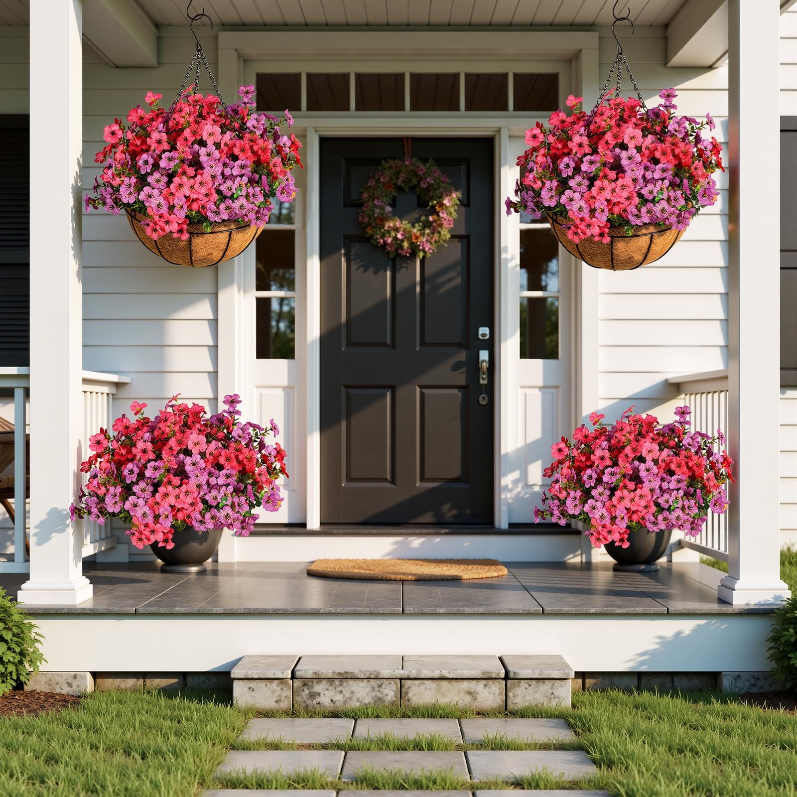 Artificial Outdoors Flowers with Hanging Basket, UV Resistant Fake Hanging Fl…