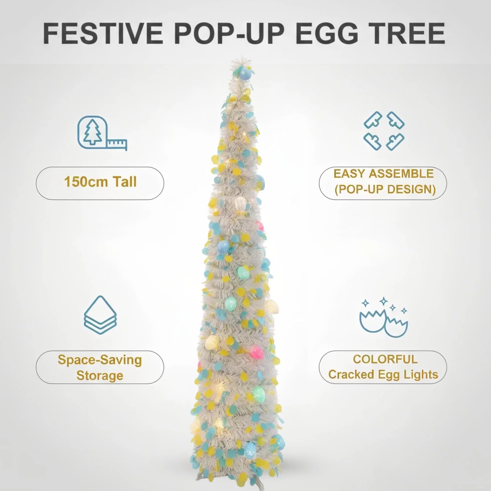 5Ft Lighted Easter Egg Tree 40 LED Colored Lights 20 Eggs Pop Up Tinsel