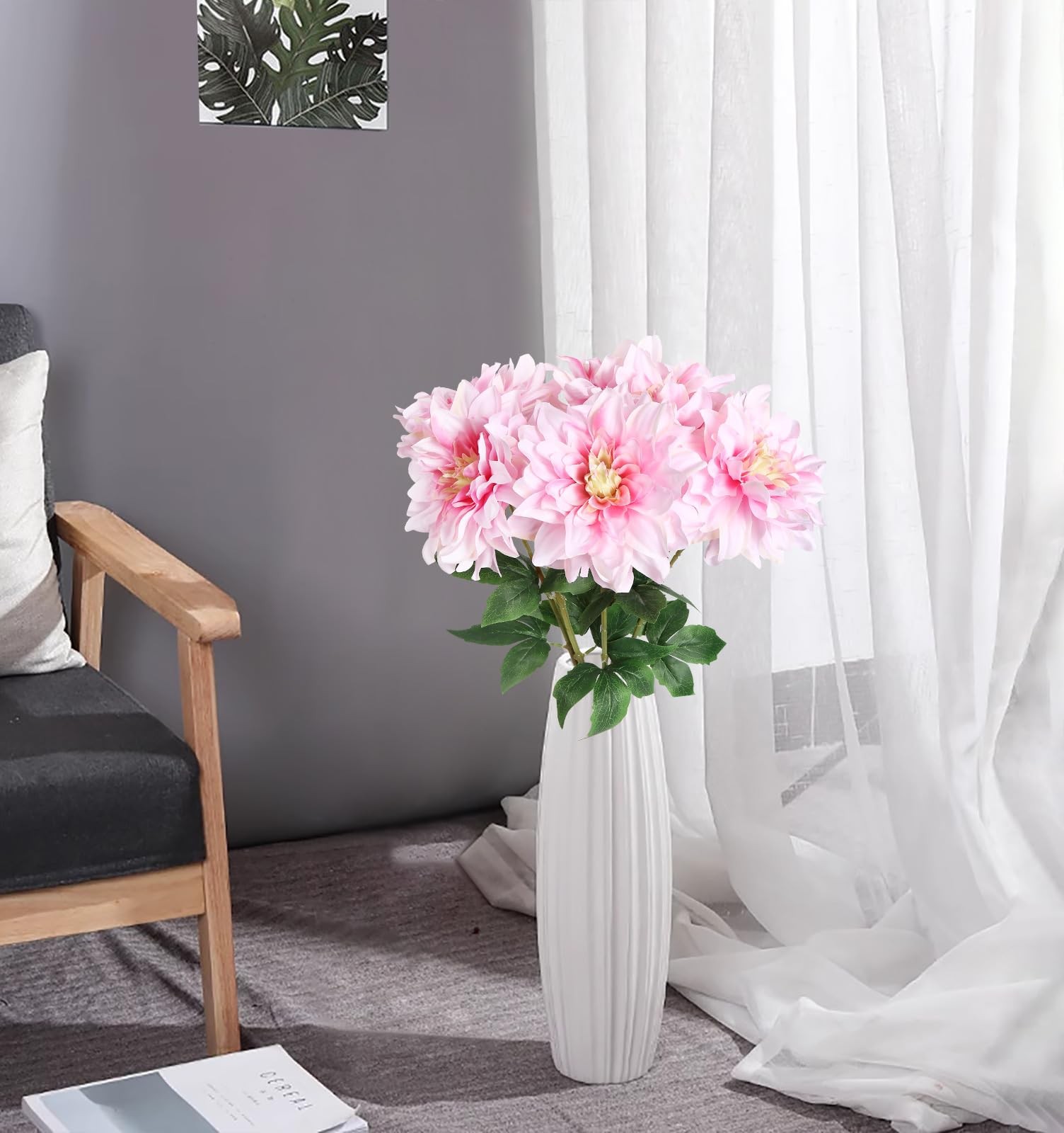 Artificial Dahlias,6PCS Fake Pink Flowers 23.62″ Dahlia Artificial Flowers Si…