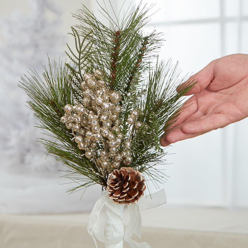 Set of 4 Champagne Artificial Pine and Berry 15″ Sprays with Bow