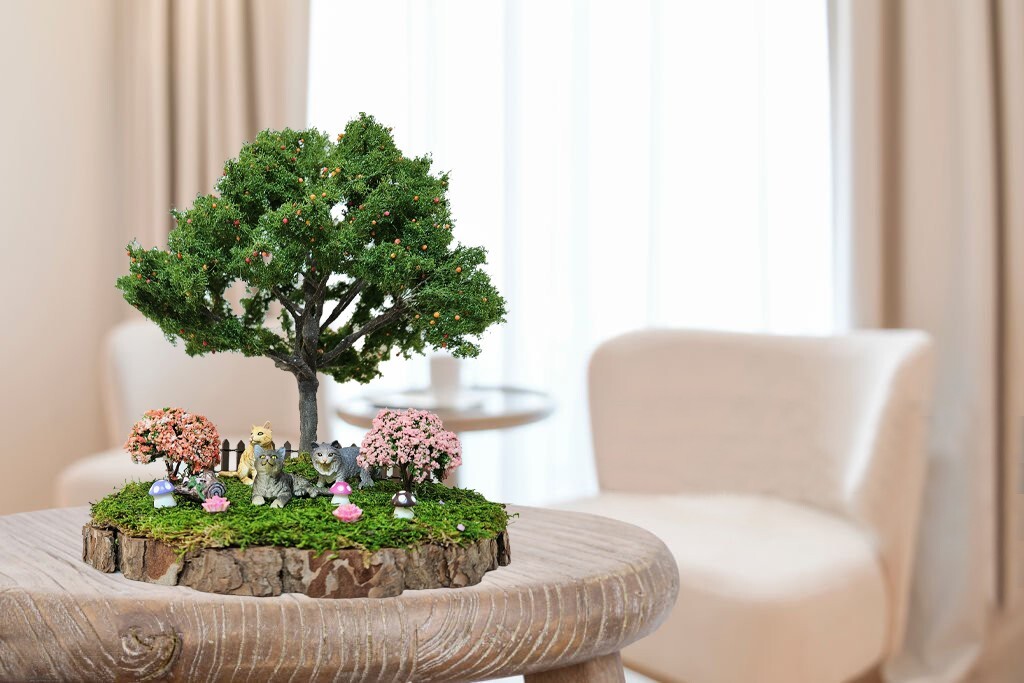 12in. Bonsai Plant Faux Indoor Outdoor Plant Home Office Decor cat figure Moss
