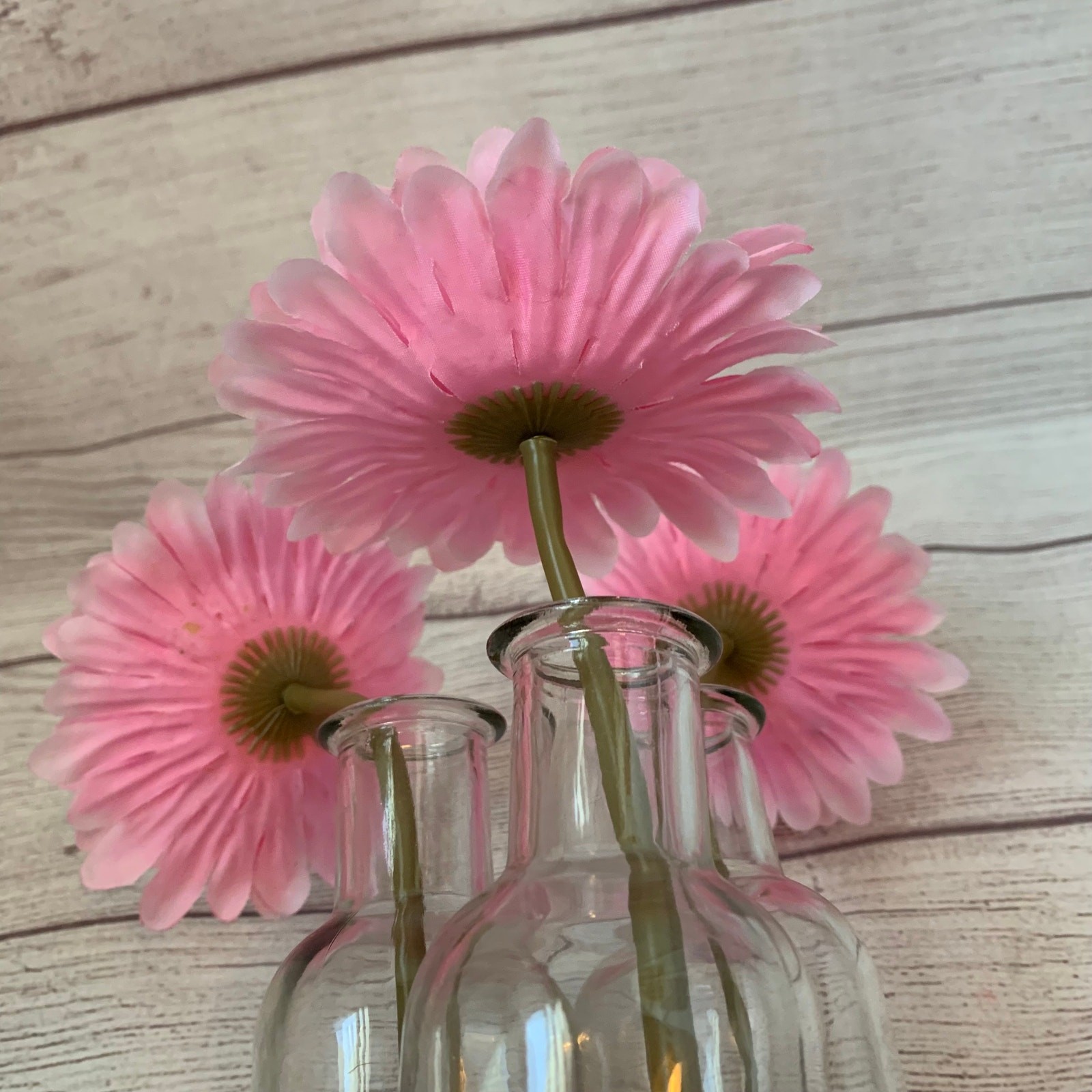 Artificial Pink Gerbera Daisies in Bottles and Twine String Faux Glued Water 9″H