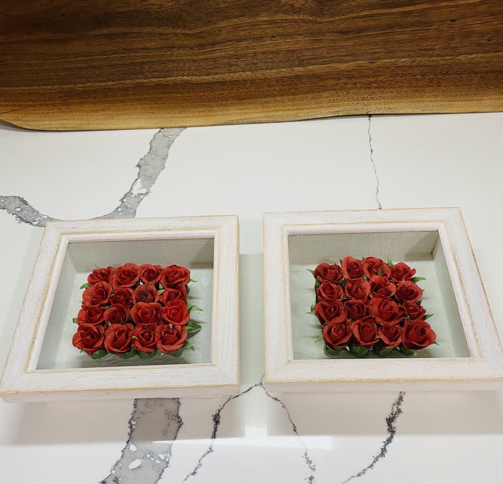 Set of 2 Shadow Box Wall Decor White Frames with Artificial Paper Red Roses