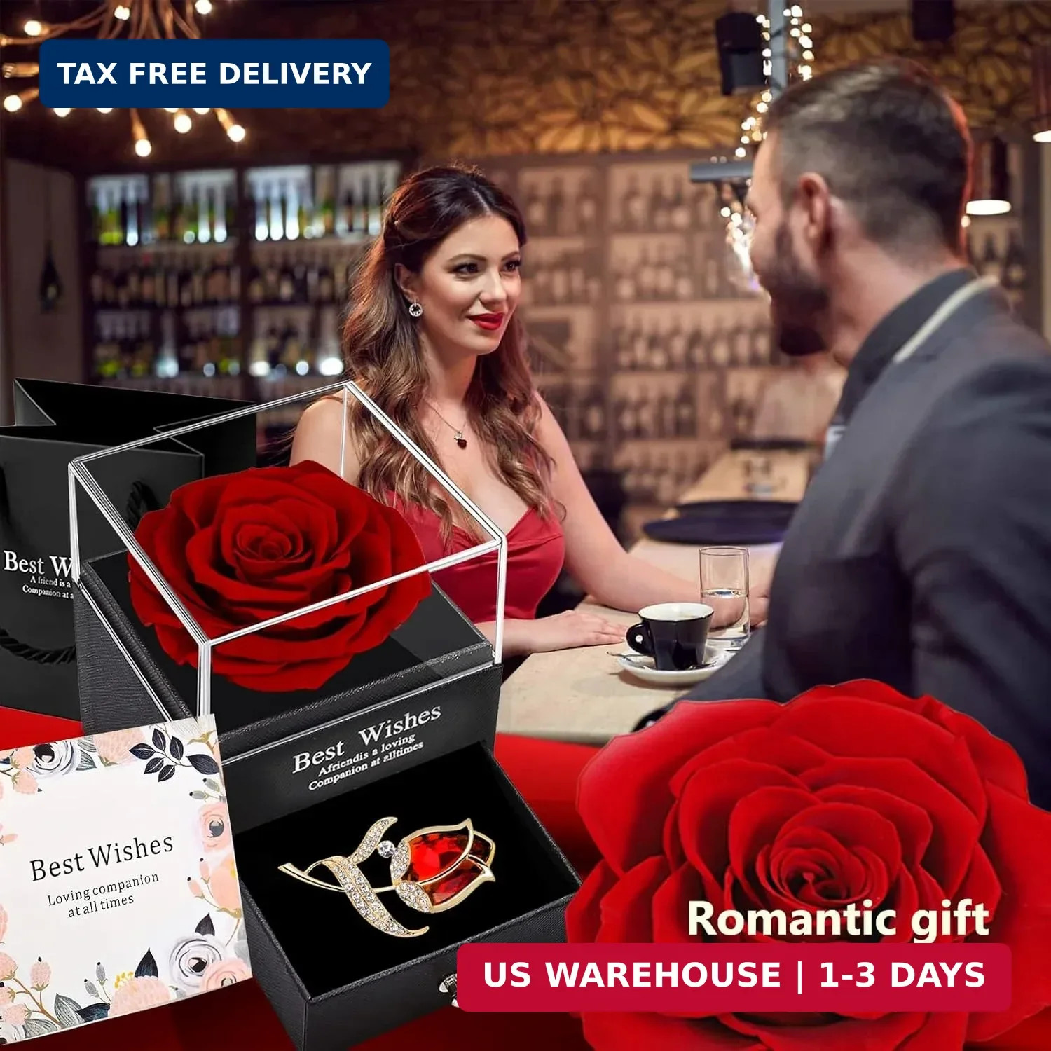 SWEETIME Preserved Red Rose Gift Box- Enchanted Real Roses with Ruby Brooch, Ete