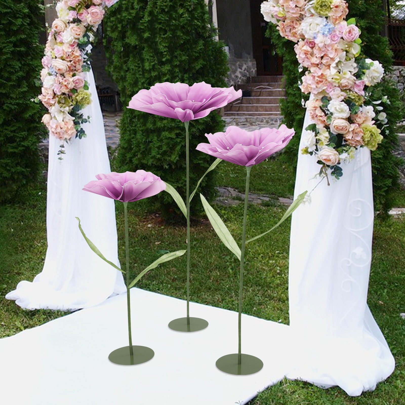 3pcs Giant Artificial Flower Poppy Free Standing Adjustable Wedding Decor Purple