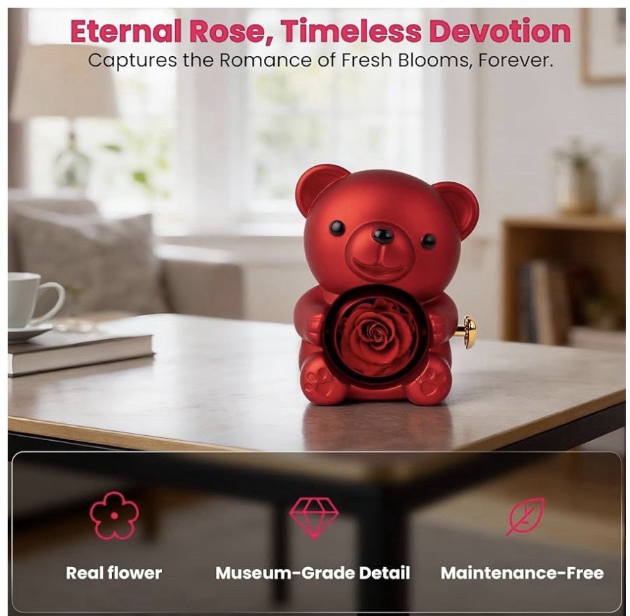 mountova Teddy Bear with Preserved Rose Flower in Bear with Necklace and Box …