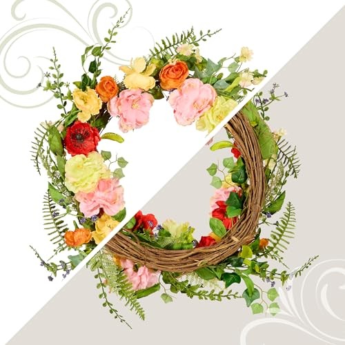 Spring & Summer Wreath 22 Inch with Mixed Flowers for Front Door Branch Wreath