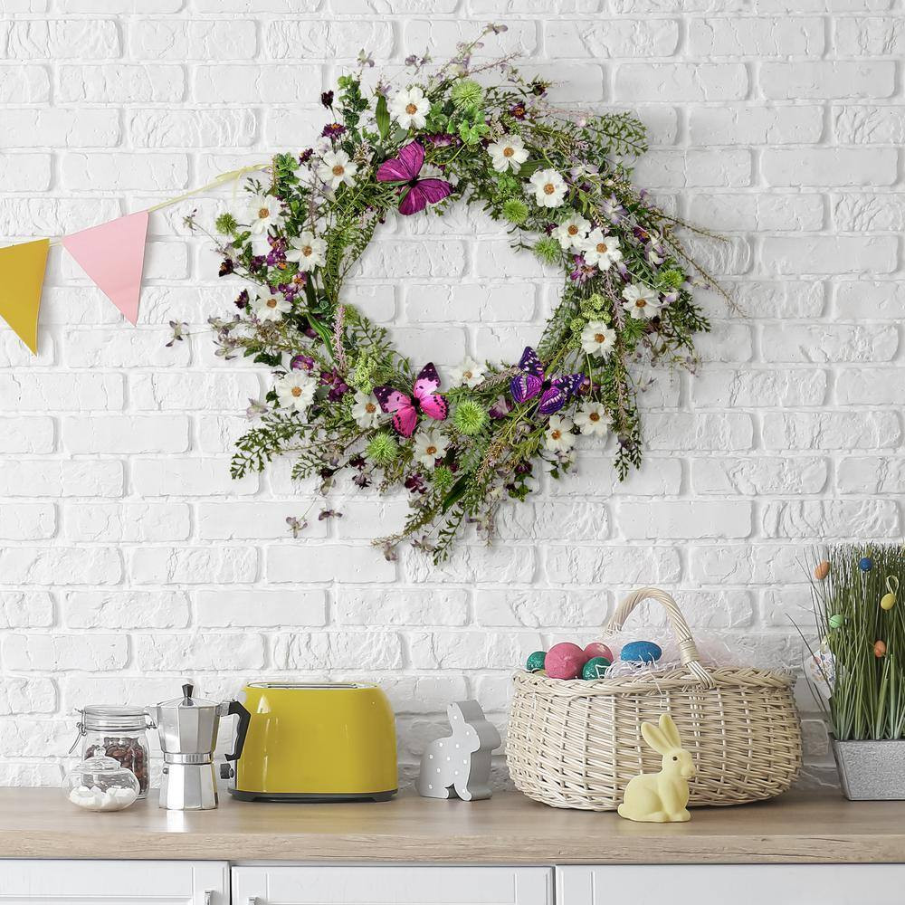24 In. Purple, White Artificial Wildflower with Butterfly Wreath