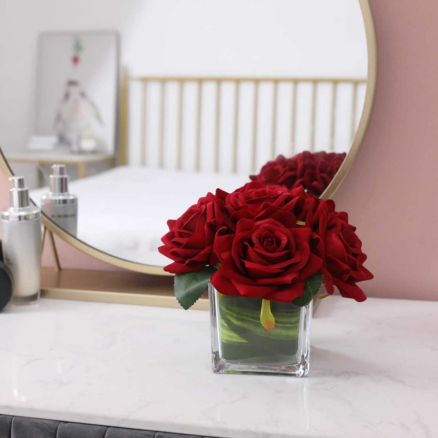 Artificial Velvet Rose Flower Centerpiece Arrangement in Vase for Home Wedding D