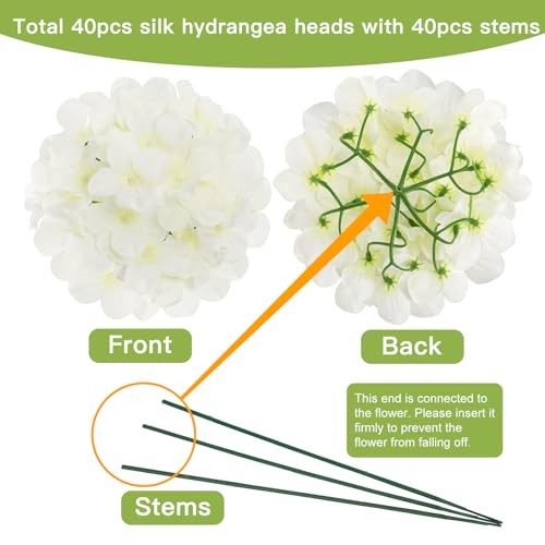 40pcs Artificial Hydrangea Silk Flower Heads with Stems, Fake Plastic White