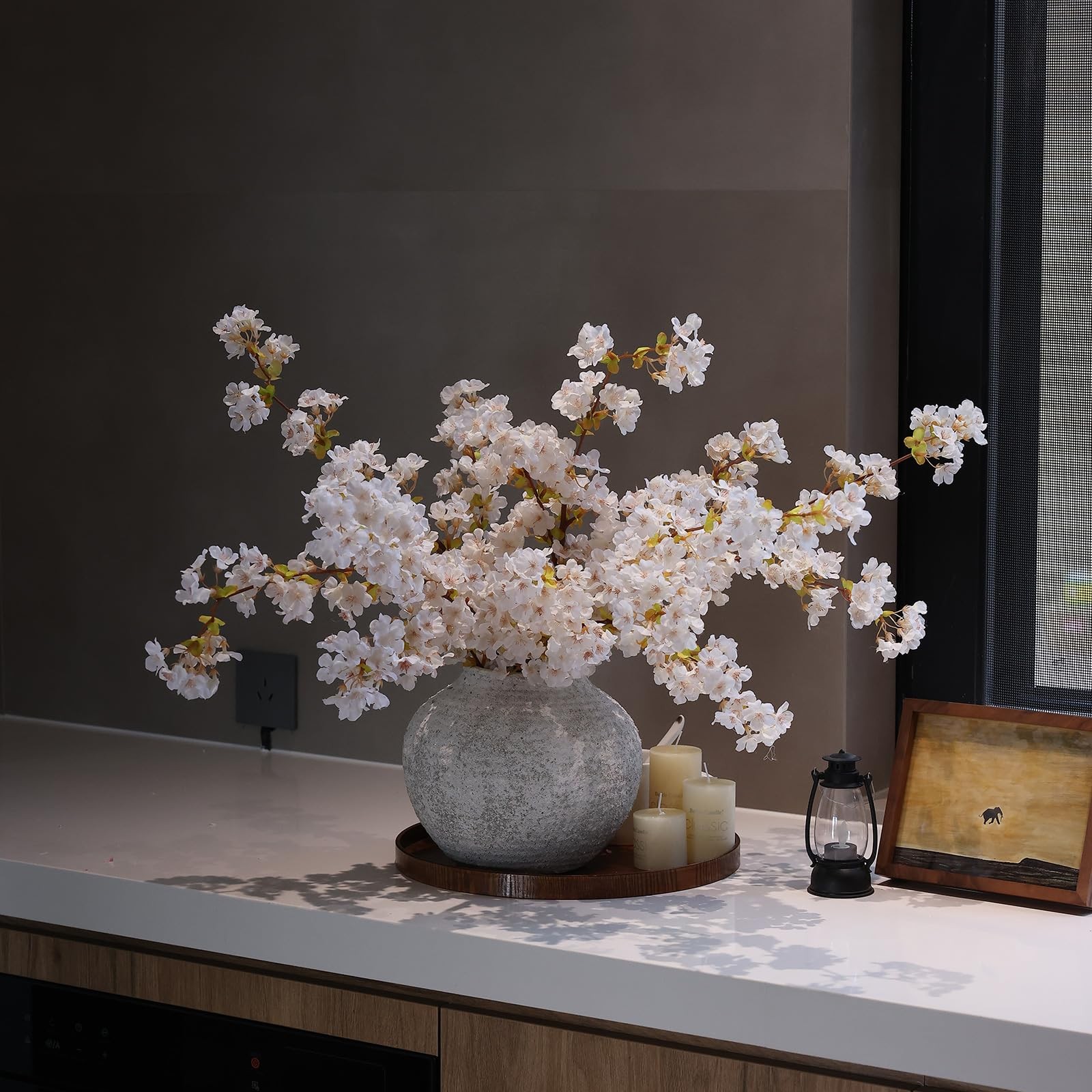 mizii 3Pcs Artificial White Cherry Blossom Branches 40″ Fake Silk Cherry Blos…