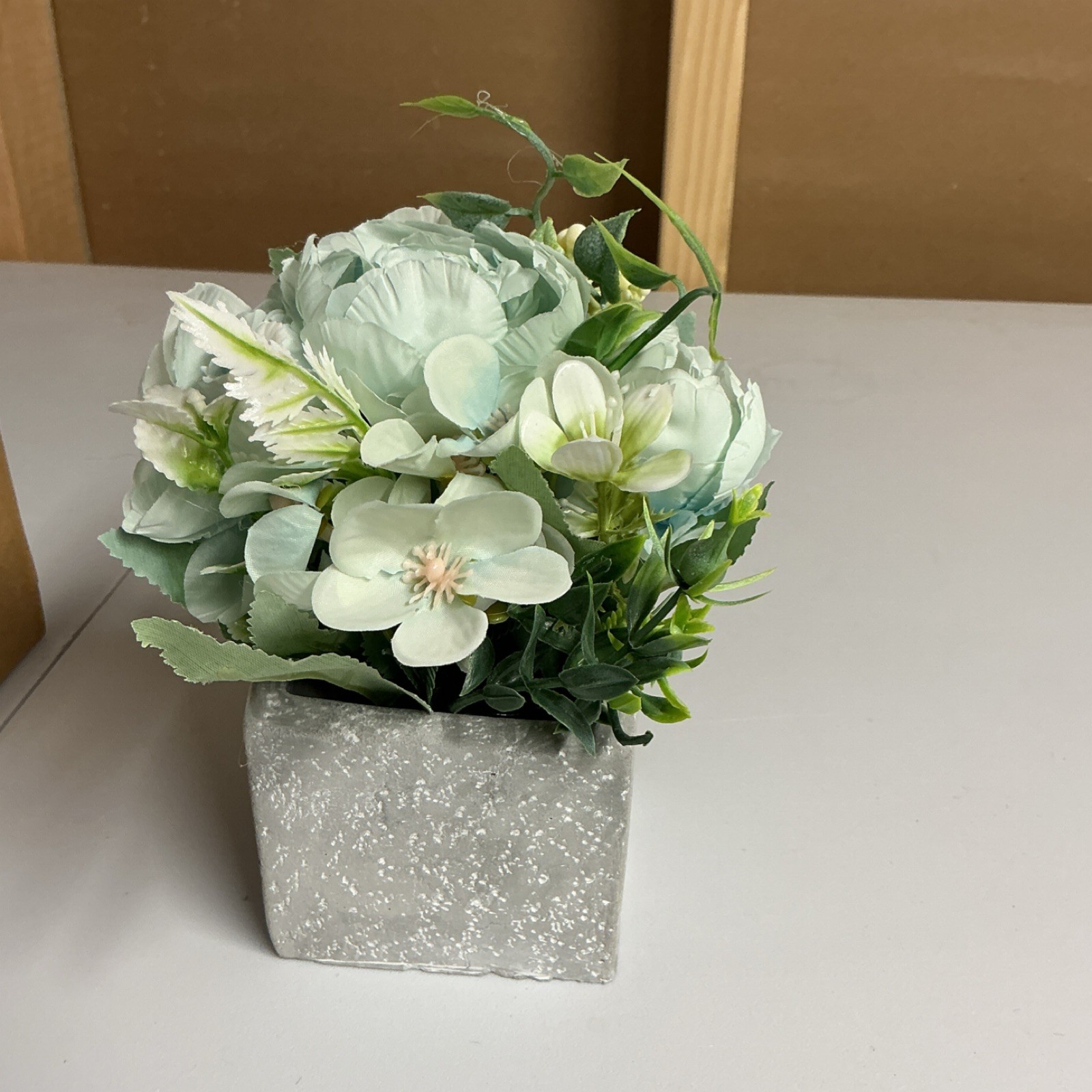 Artificial Floral Arrangement in Gray House Planter Pot with Greenery Plastic