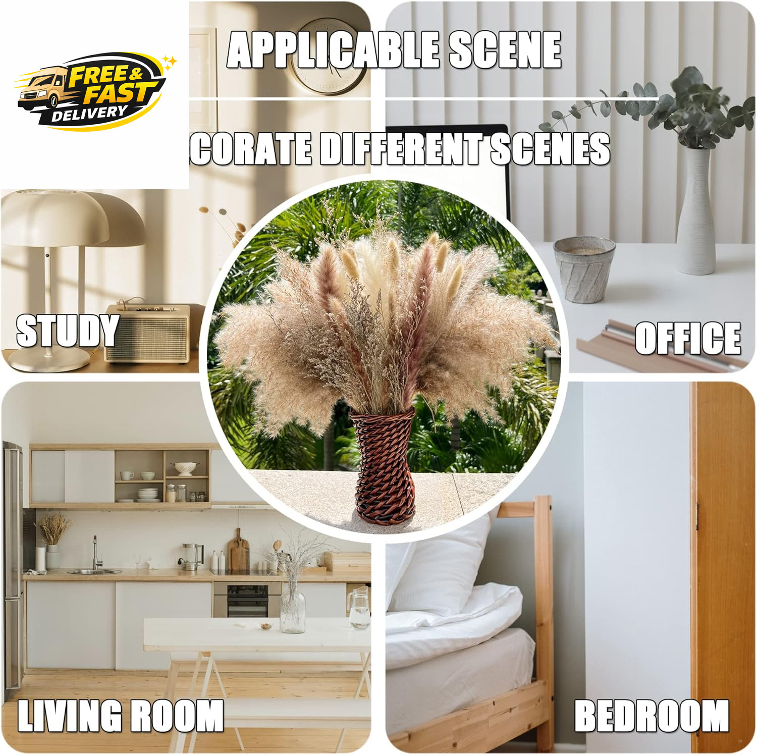 100Pcs Pampas Grass Boho Home Decor 17 Inch Natural Dried Flowers-Pampas Grass