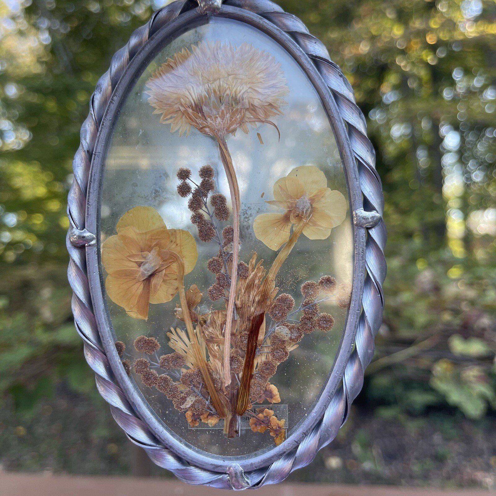 Vintage Lasting Impressions Real Dried Pressed Flowers In Glass W/ Metal Frame