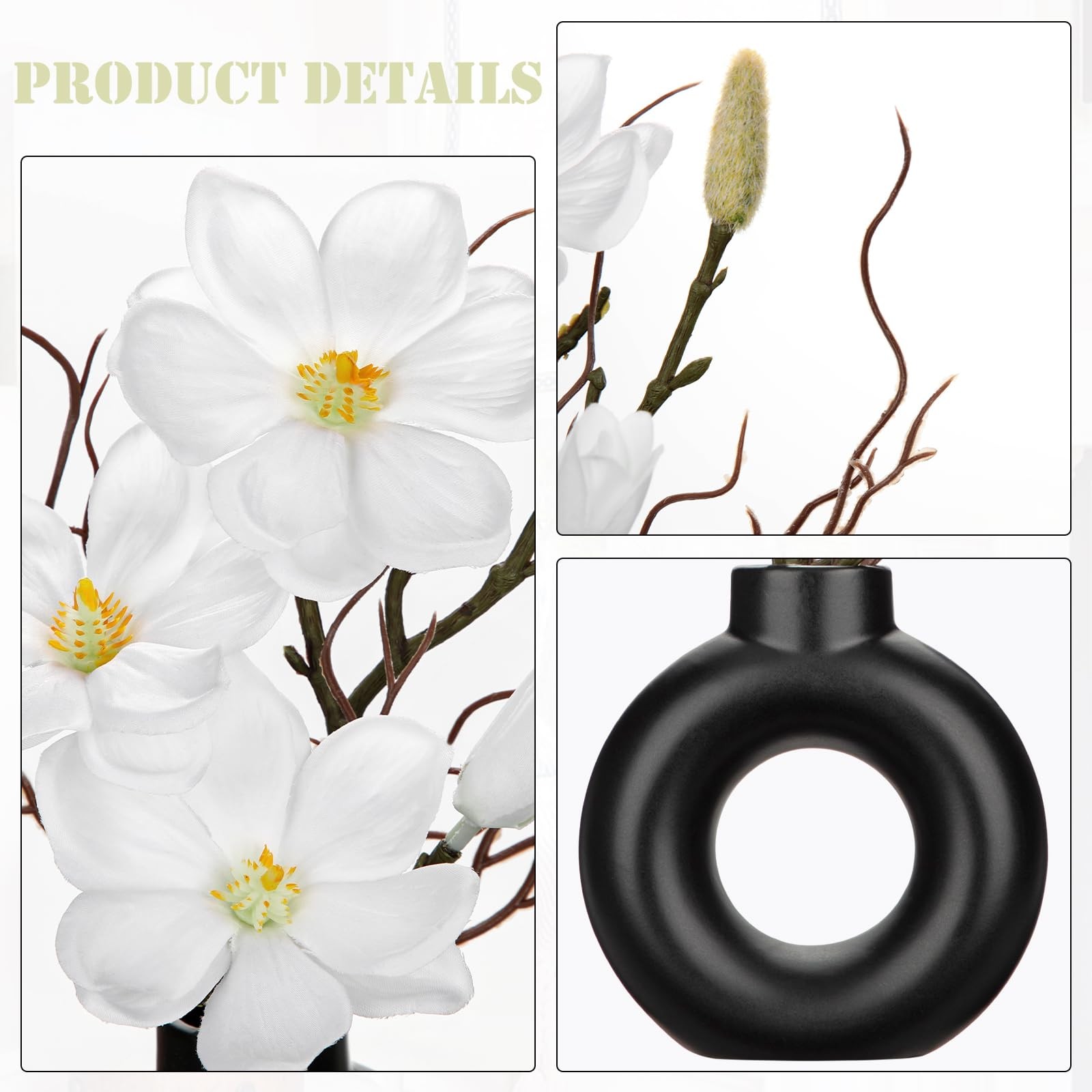 2 PCS White Magnolia Artificial Flowers In Black Vase Faux Floral Centerpiece
