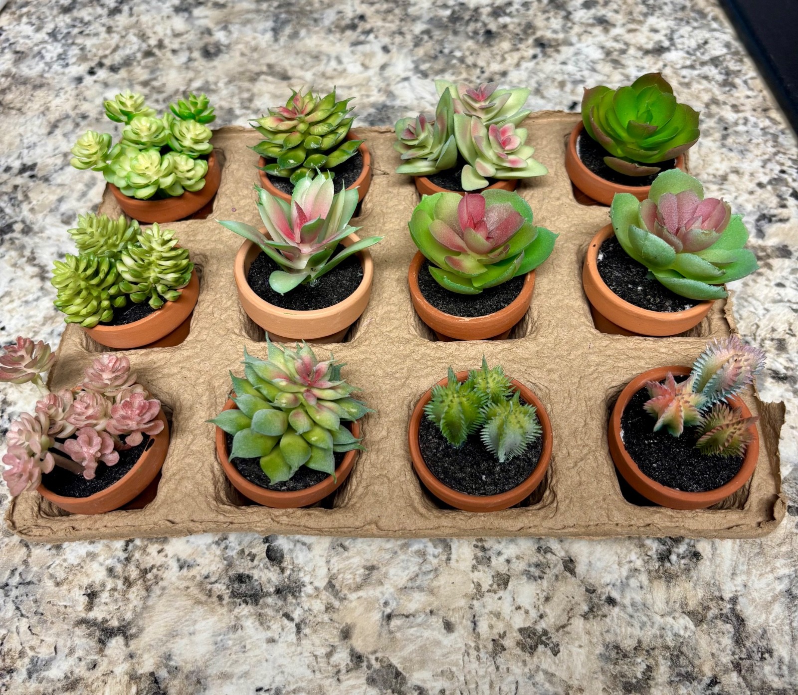 12 Small Artificial Succulents- Assorted Green and Pink Colors in pots