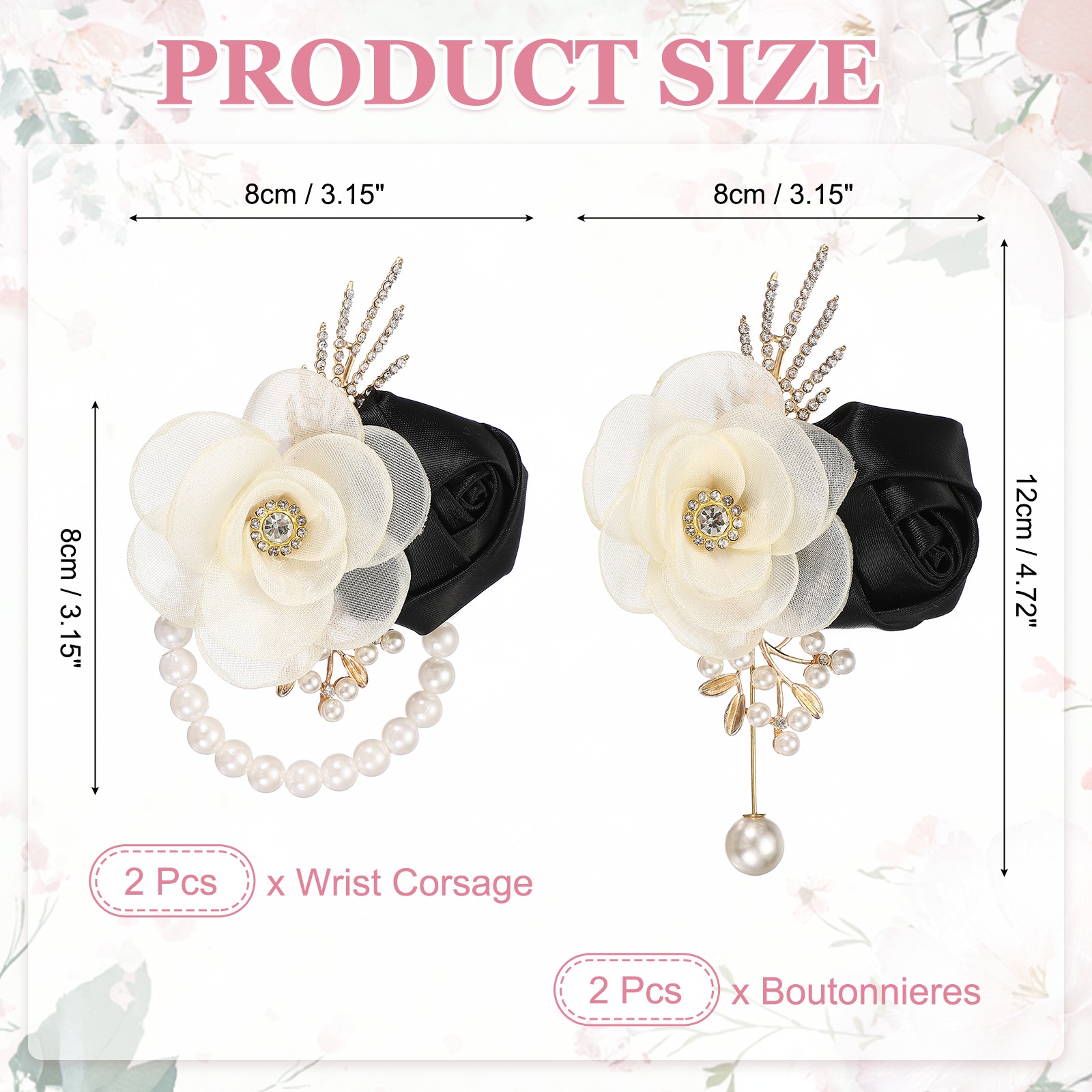 2 Sets Wrist Corsage and Boutonnieres Set for Wedding Groom Bride, Black