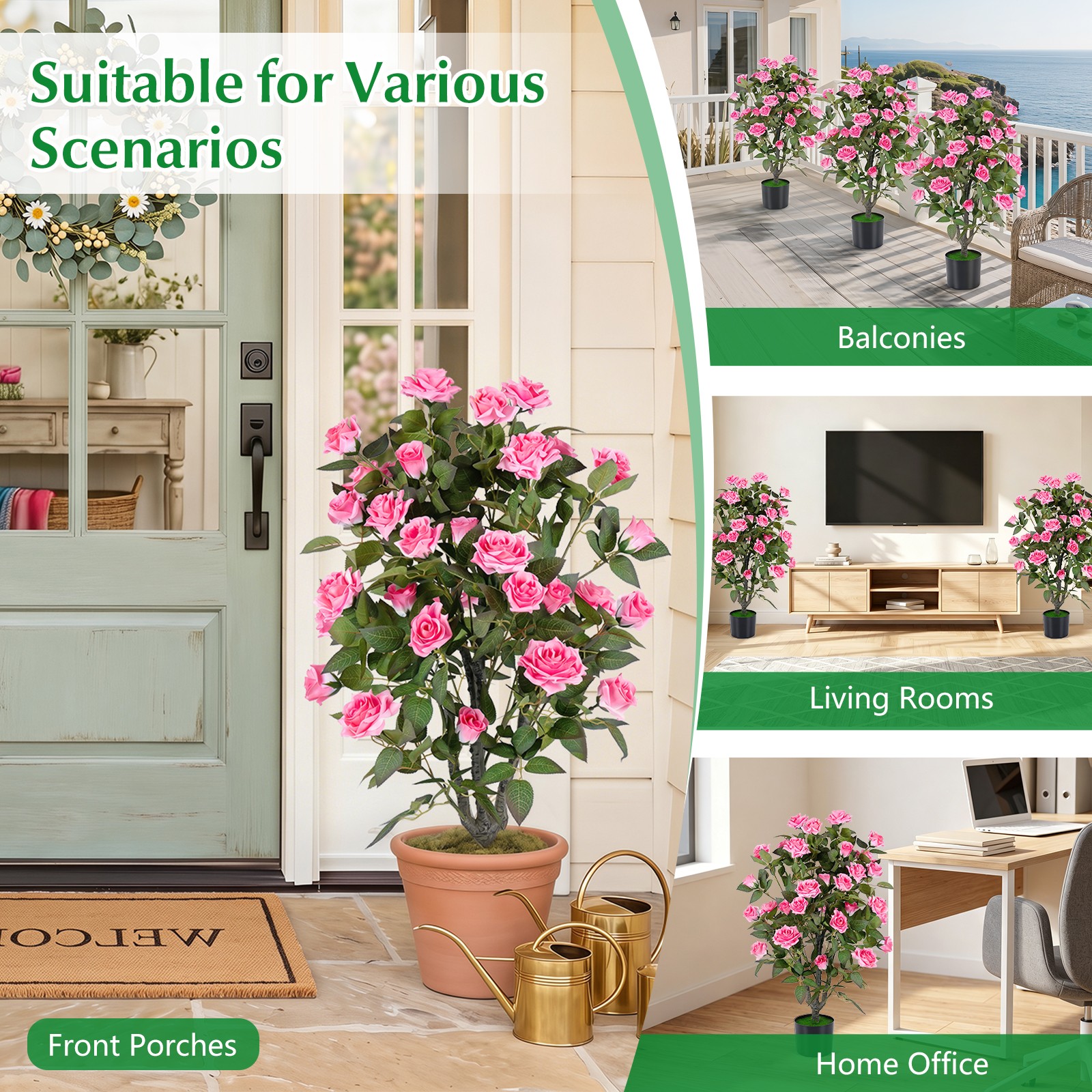 2PCS Artificial Rose Tree w/Blooming Flowers & Green Leaves, Free Maintenance