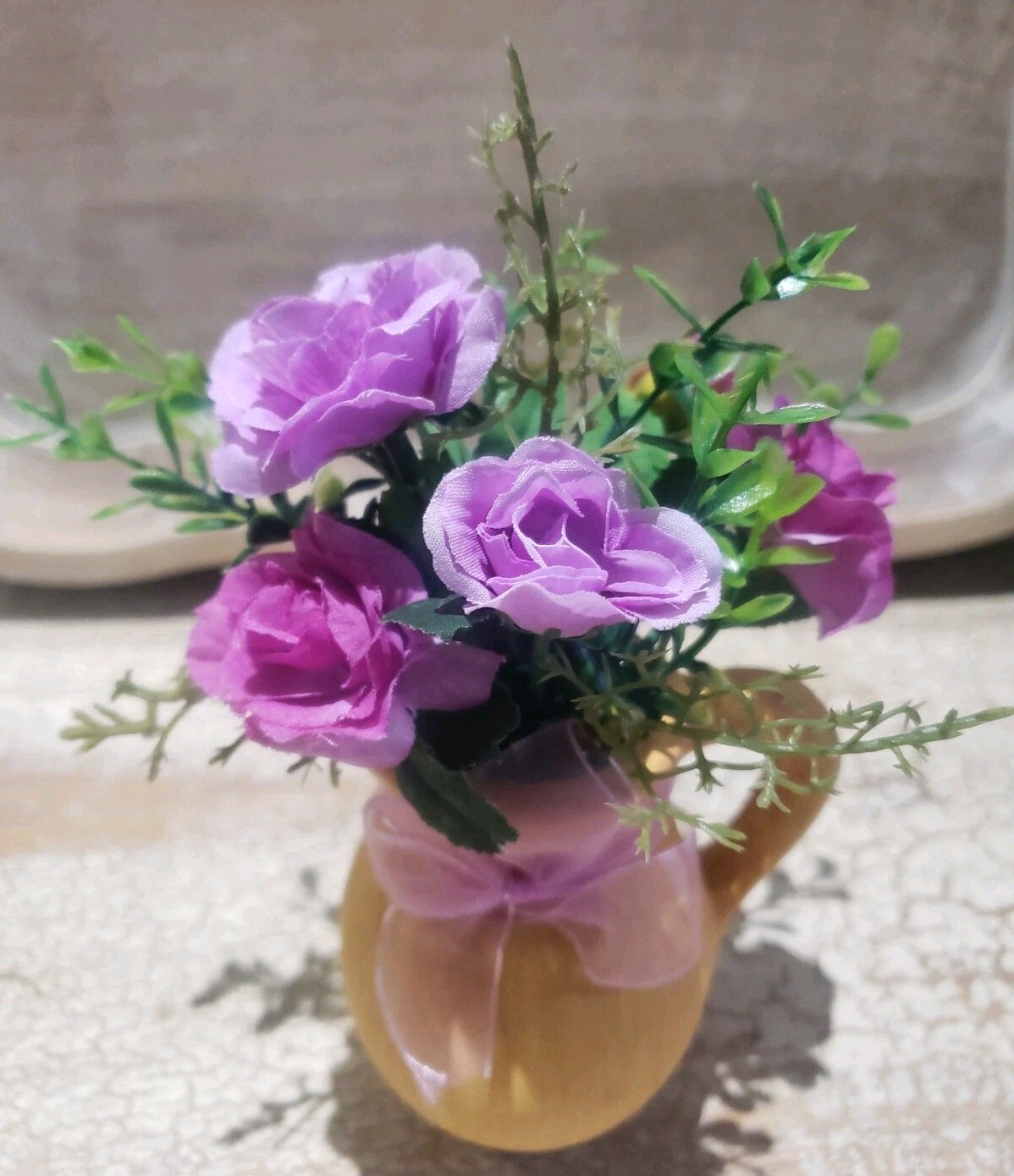 Purple Greenery Floral Arrangement Table Home Decor Pottery Pitcher 7″ TALL