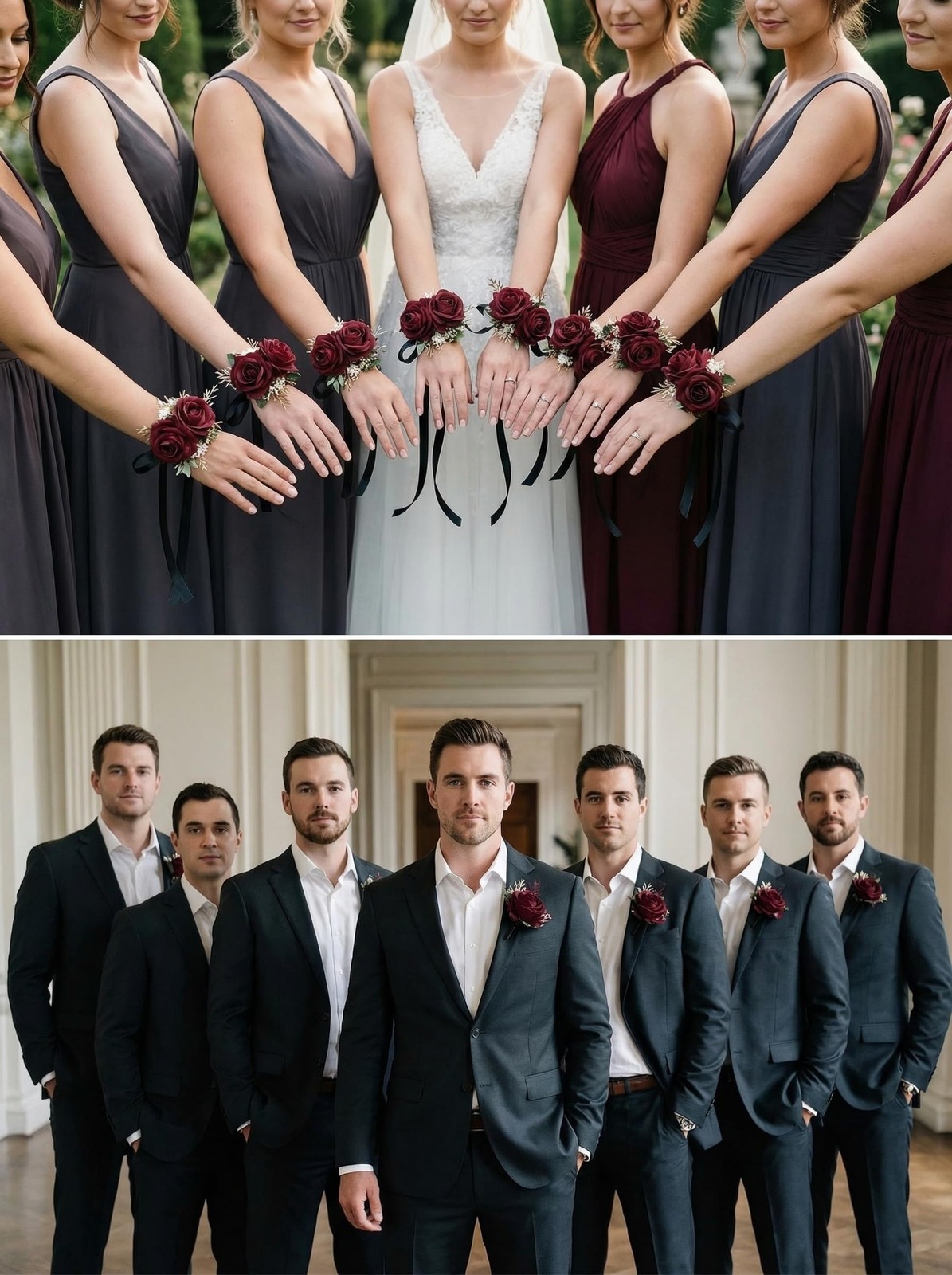 Burgundy Rose Corsage Boutonniere Set Baby’s Breath Wedding Prom Decorations
