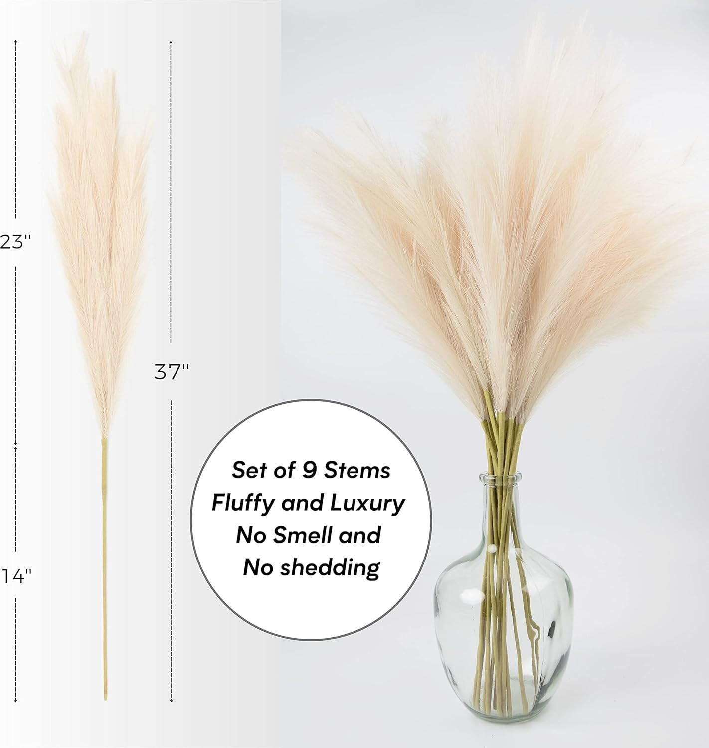 Faux Pampas Grass, 9 PCS 37”/3.1FT Tall Fluffy Fake Pompas Floral, Large Artifi