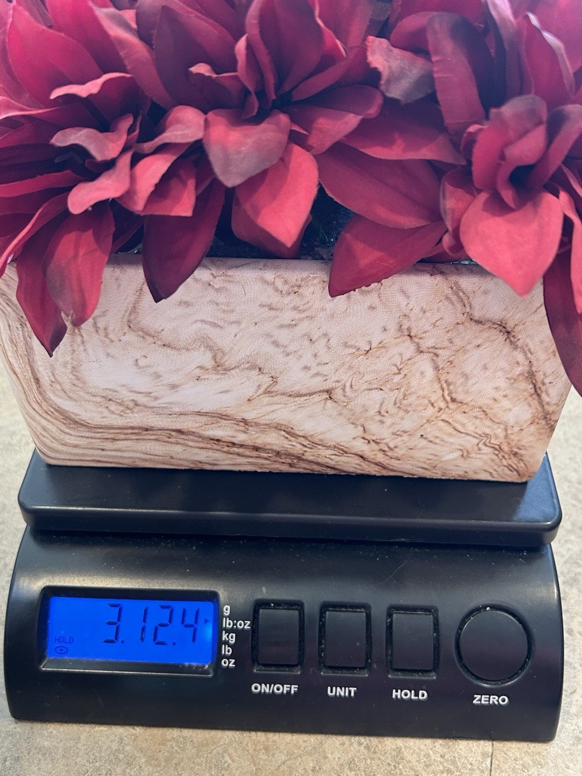 Heavy Faux Stone Planter Deep Red Silk Dahlias Floral Arrangement Centerpiece