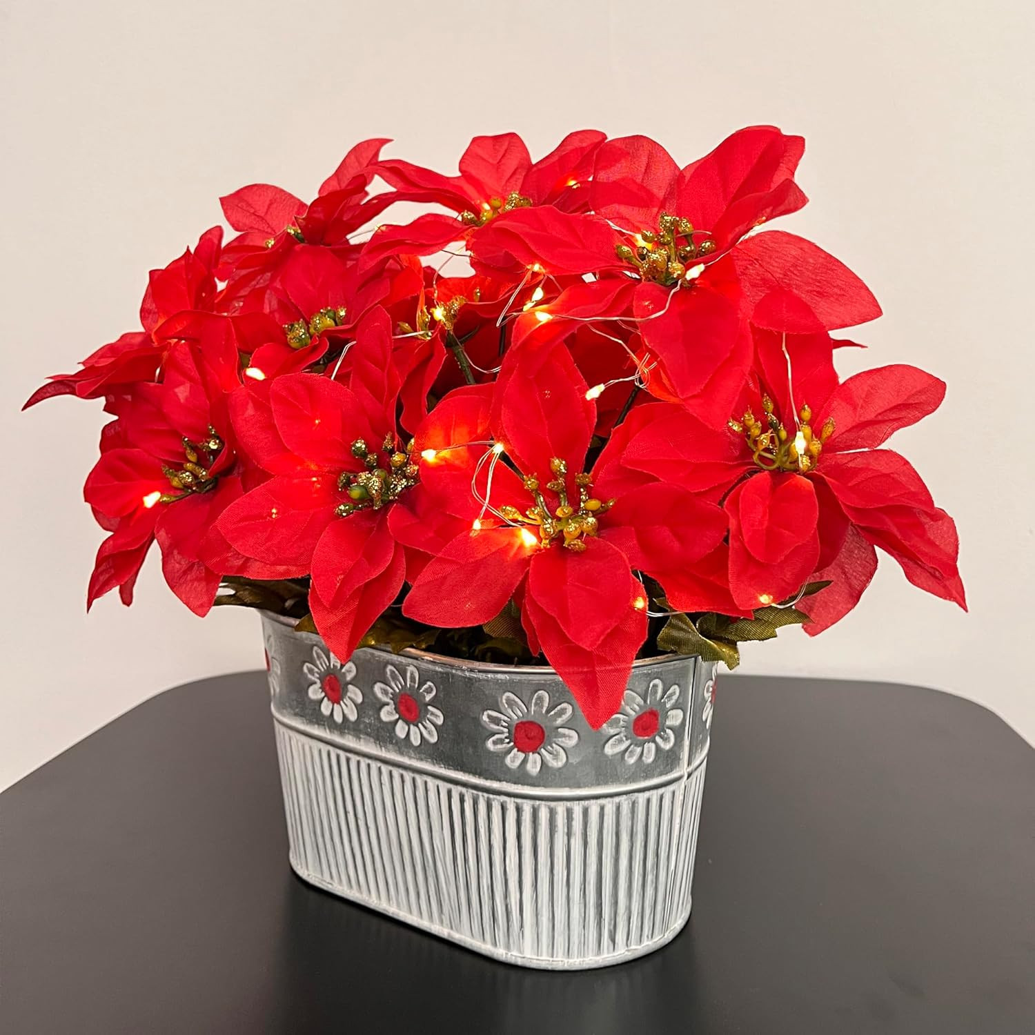 Christmas Poinsettia Table Centerpiece – Rustic Metal Pot with LED Lights, Festi