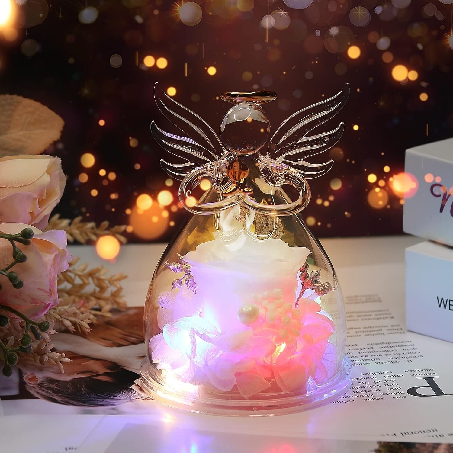 Sentimental Glass Angel Figurine with White Preserved Rose – Gift Box Included