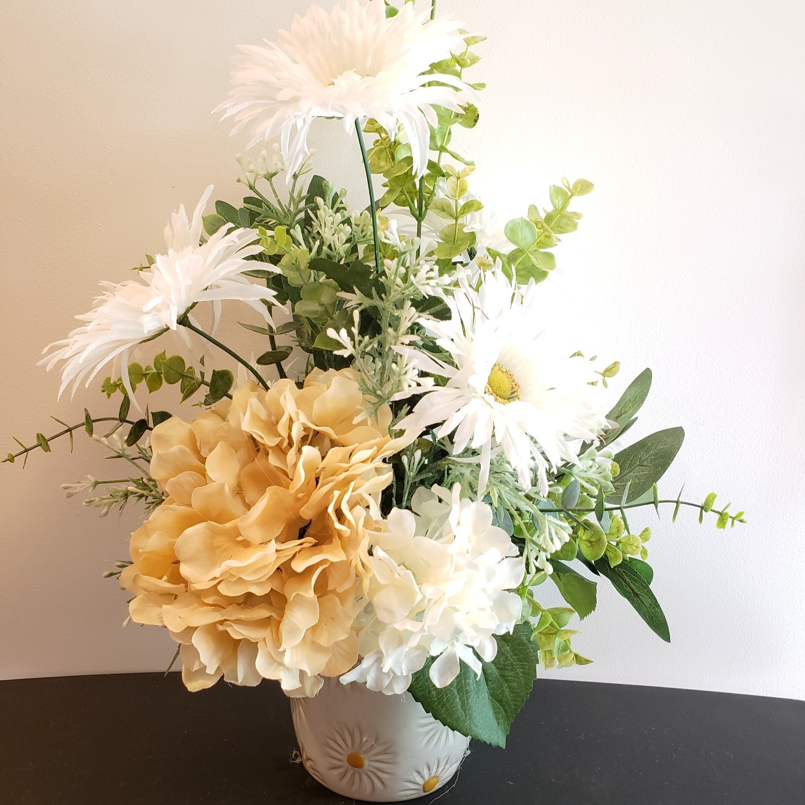 Cream Hydrangea & White Daisy Faux Floral Arrangement, Cottage Style Centerpiece